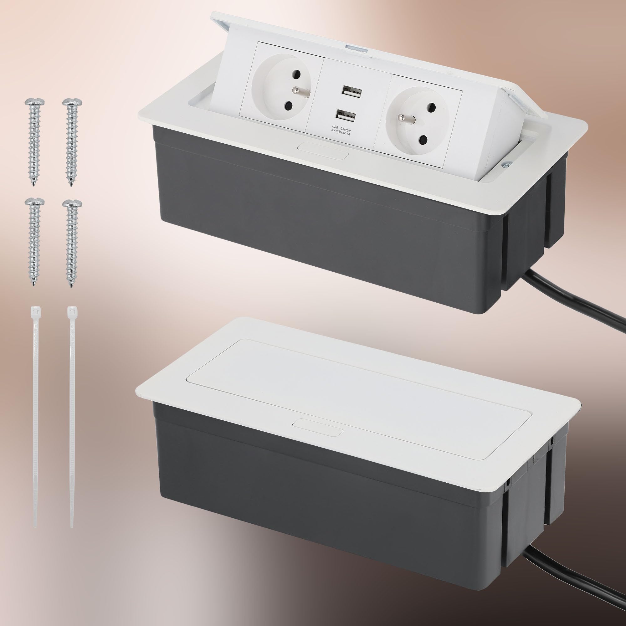 KOTARBAU® - Ciabatta elettrica a 2 prese, con porte USB, in alluminio, colore bianco