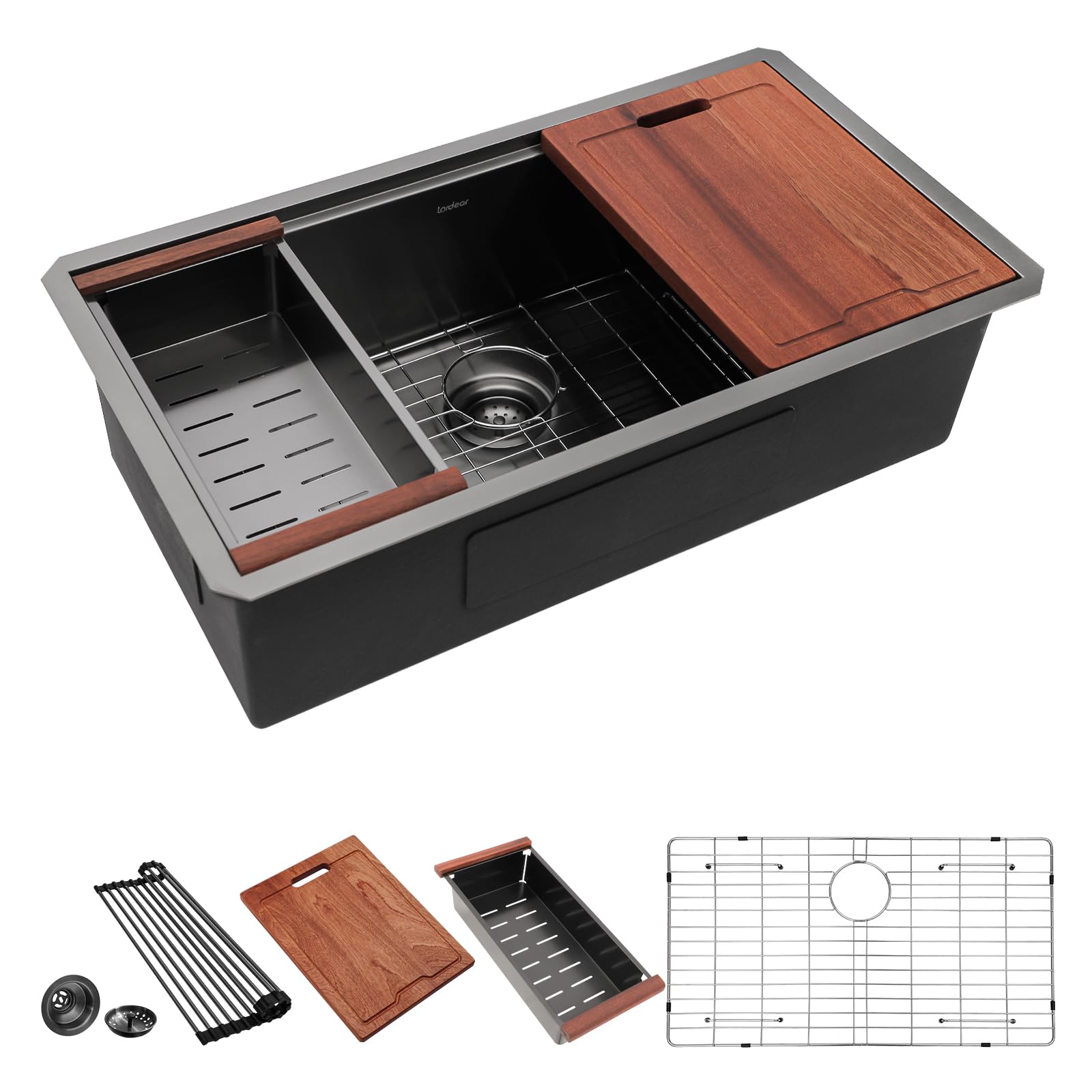 Lordear 32 Undermount Kitchen Sink Workstation Black - 32 Inch Black Sink Ledge Workstation Gunmetal Black 16 Gauge Stainless Steel Single Bowl Under Counter Kitchen Sink with Accessories