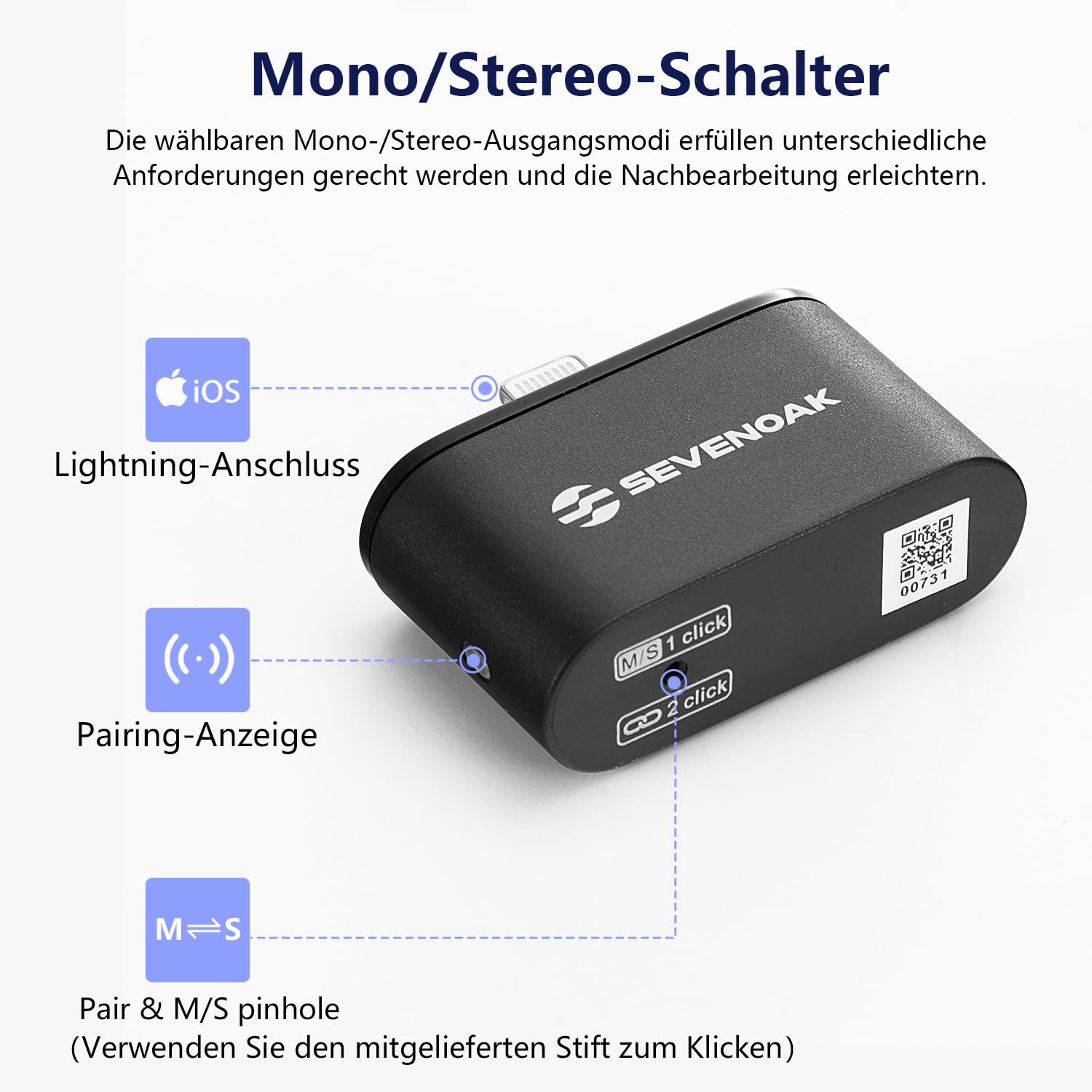 SevenOak Drahtloses Lavalier Mikrofon, mit Rauschunterdrückung/Gain/Mute, Ansteckmikrofon mit Stereo/Mono für iPhone iPad Videoaufnahme Interview Vlog SKM-S1 D (1 Sender +1Empfänger)