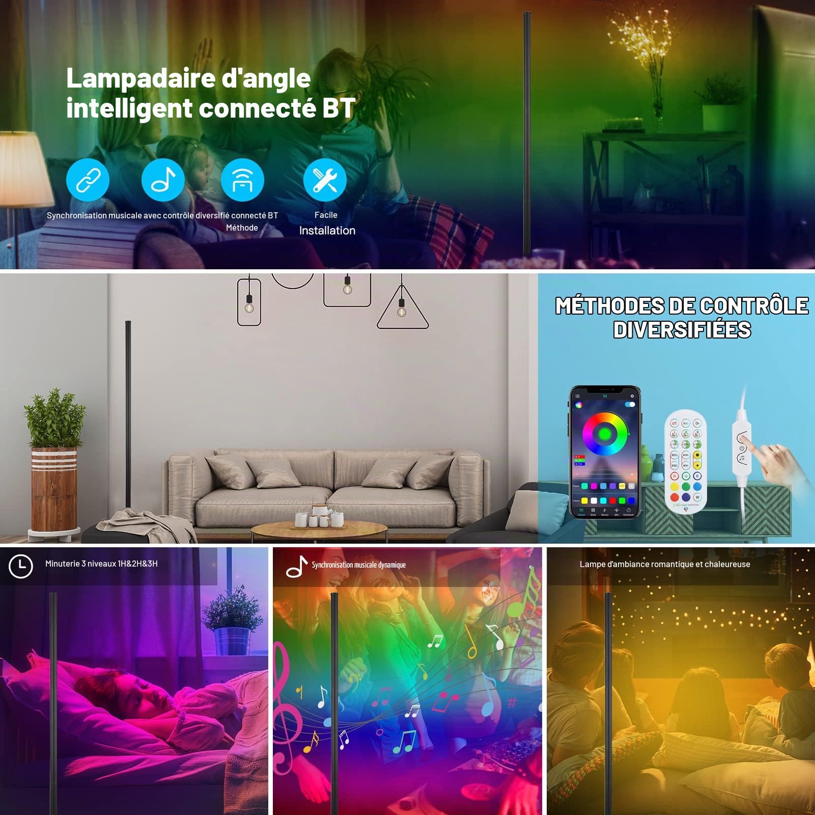 Neoglint Lampadaire d'angle a Intensité Variable, Lampadaire Connecté 72 LED, 11w,1800 lm RGB avec Télécommande APP, Synchronisation de La Musique, Convient Pour Chambre a Coucher, Salle de Jeux