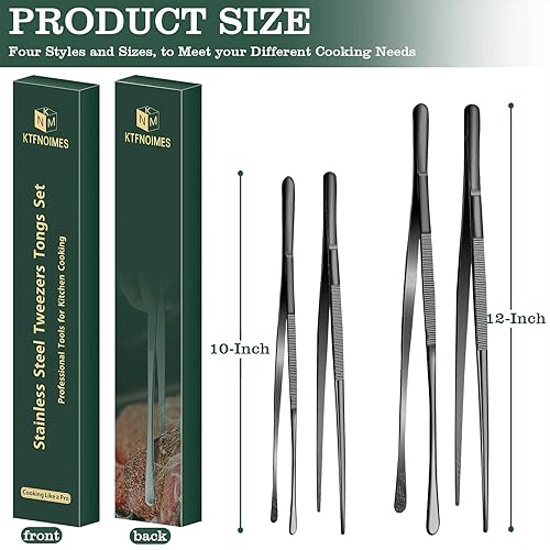Miniatura 6 de Juego de 4 pinzas de cocina de acero inoxidable de 12 y 10 pulgadas, pinzas profesionales para cocinar, reparar, mariscos, barbacoa