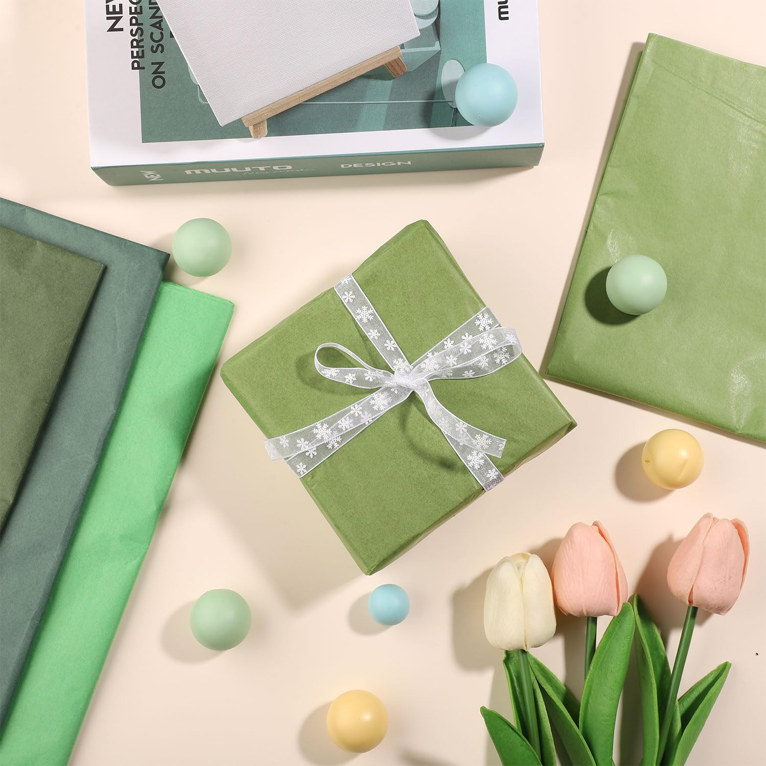 AnyDesign Lot De 80 Feuilles De Papier De Soie Motif Floral Vert Sauge Pour Cadeau D'anniversaire, Fête Prénatale, Bricolage, 35,6 X 50,8 Cm