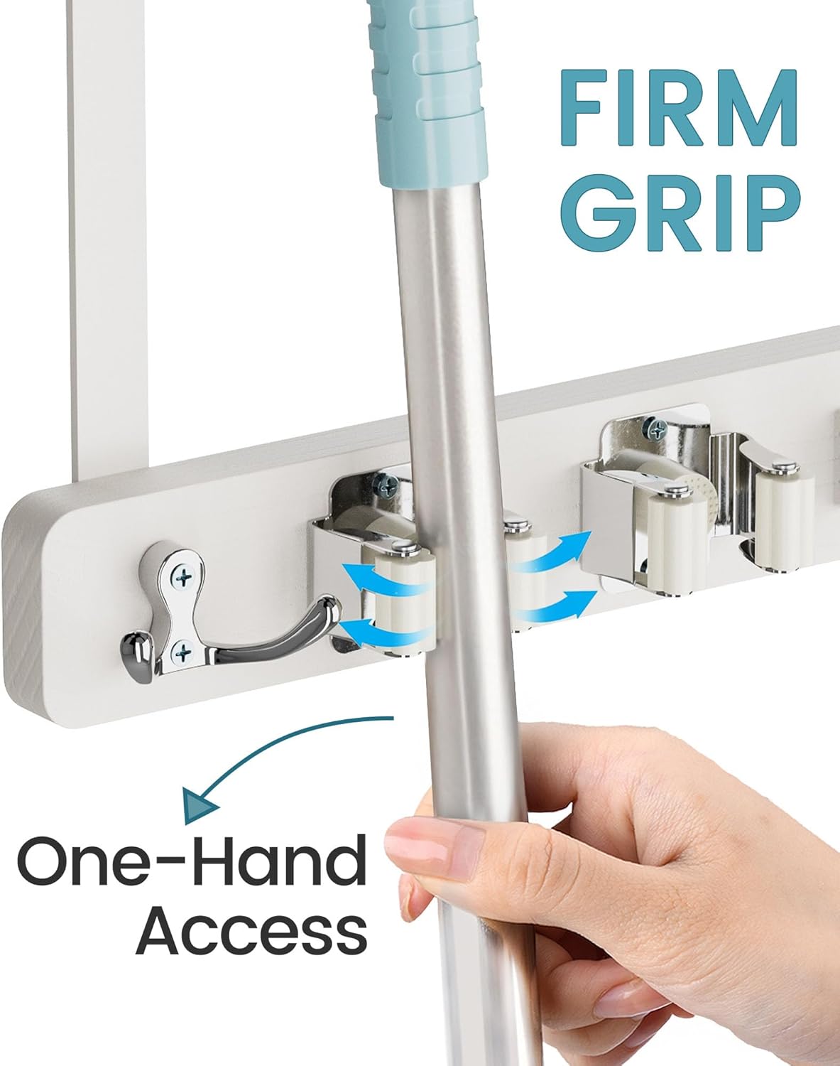 HULISEN Broom Holder Door Mount, Over the Door Broom and Mop Holder with 0.6" Thick Pads, Wood Mop Organizer Tool Hanger with 4 Racks & 2 Hooks for Laundry Cabinet Kitchen Garage, No Drills