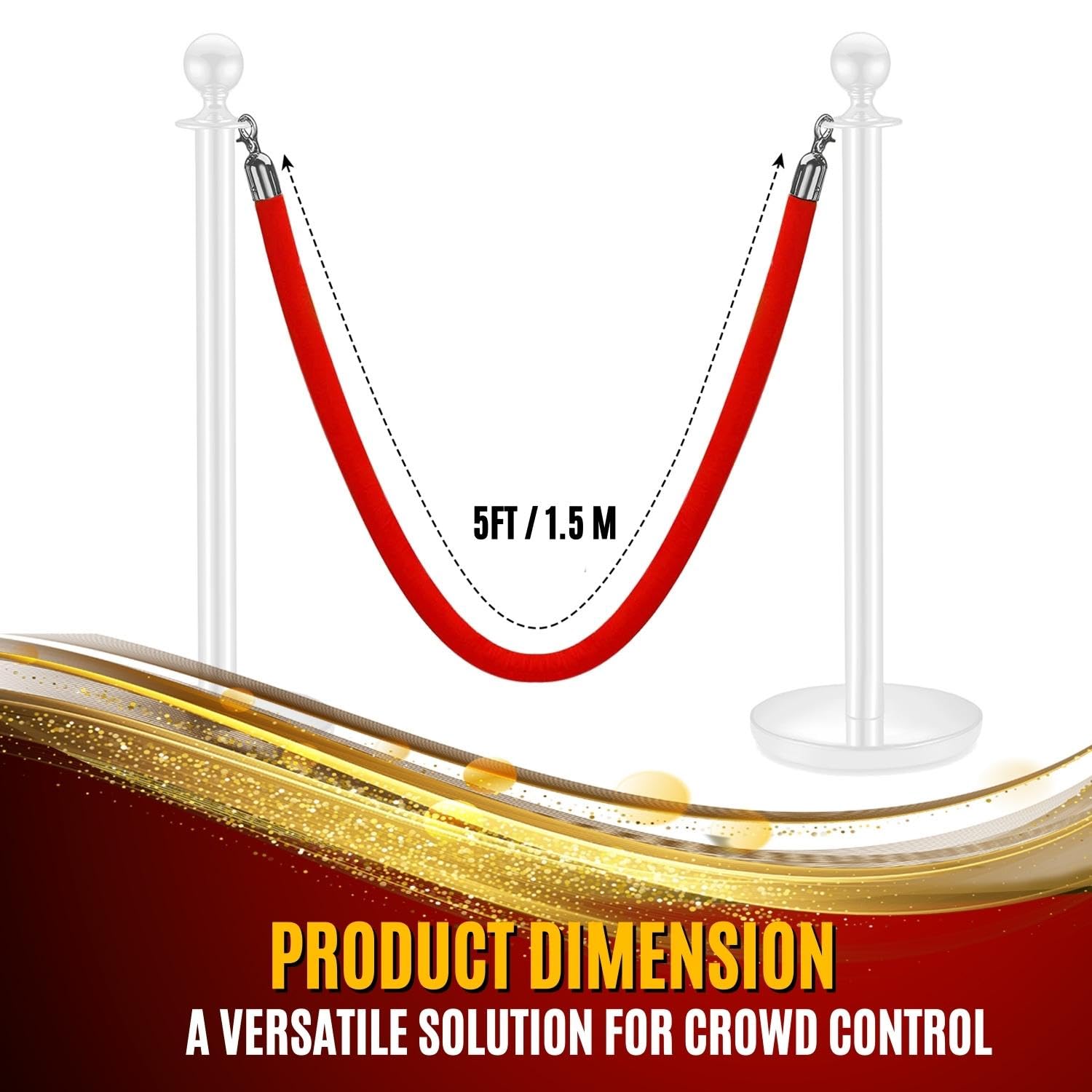 Flexzion Absperrseil aus Samt 3,8 cm dicke Absperrkordel Absperrband Rungenseil für Warteschlange, Rundvelours mit versilbertem, poliertem Karabinerhaken, Rot, 1,5 M (1 Stück)