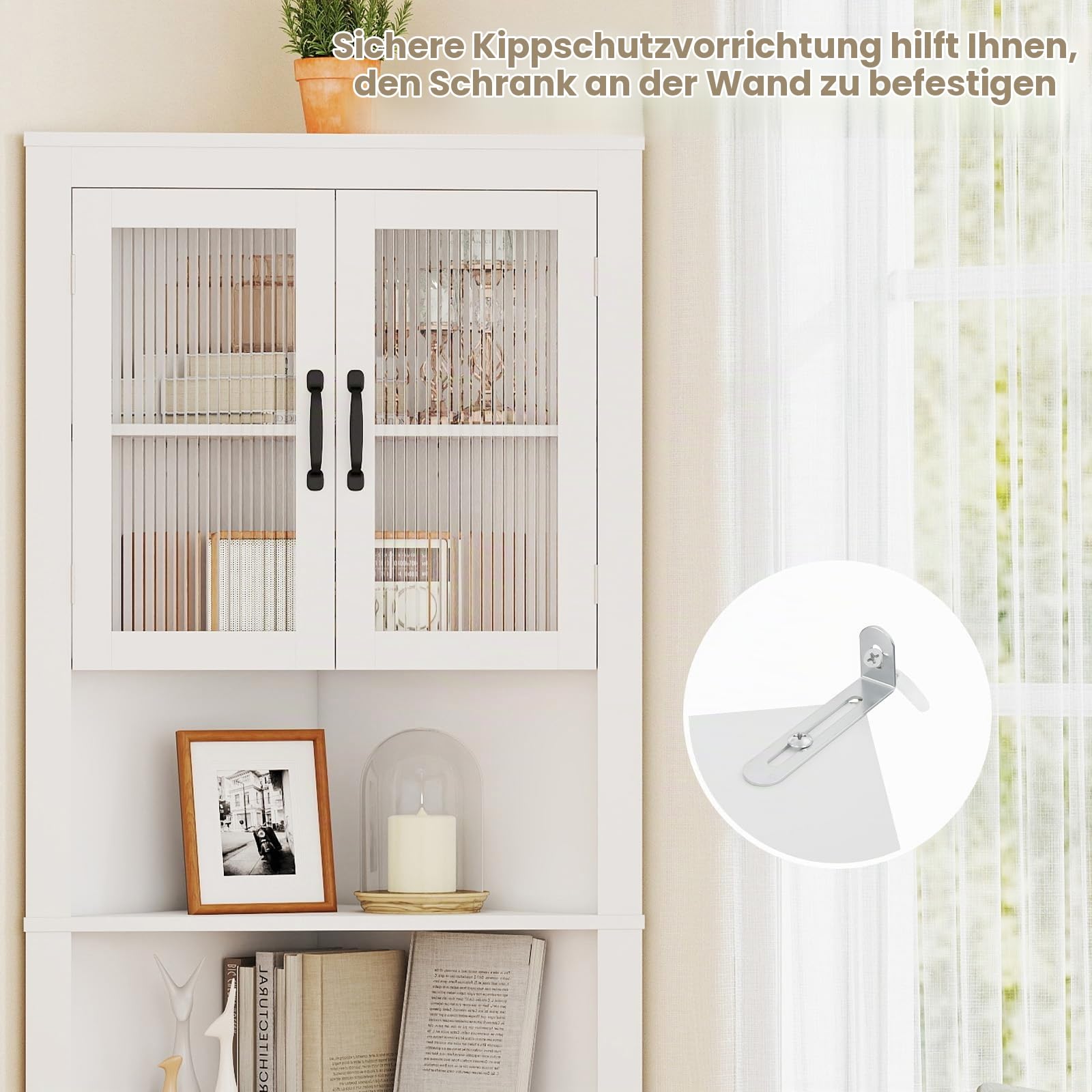 LIFEZEAL Hochschrank Eck, Aufbewahrungsschrank mit Glastüren, Mehrzweckschrank mit 3-Fach verstellbaren Regalen, Badschrank Modern für Küche, Bad, Wohnzimmer (Weiß)