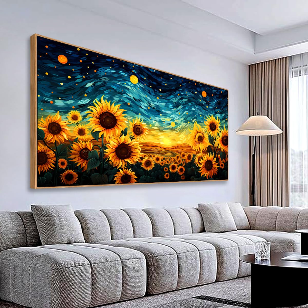 Tucai Decor Sunflower Field Wall Art Starry Night Canvas Print Large Living Room Decor Wood Frame Prints for Bedroom Office Wall Decor 30 x 58 inch Ready to Hang
