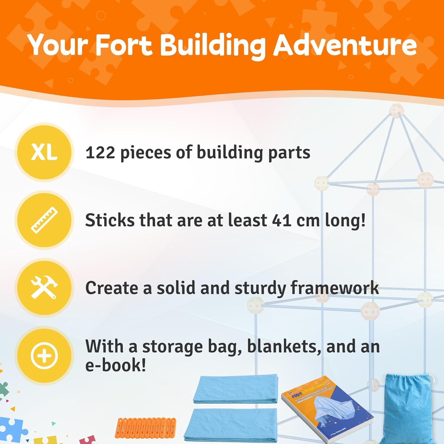 Kit Construction Cabane Enfant XL, 122 Pièces avec 76 Tiges & 46 Boules, Jouet STEM Créatif, Construire Fort, Tente & Château, Indoor & Outdoor, Sac de Rangement & E-Book Inclus