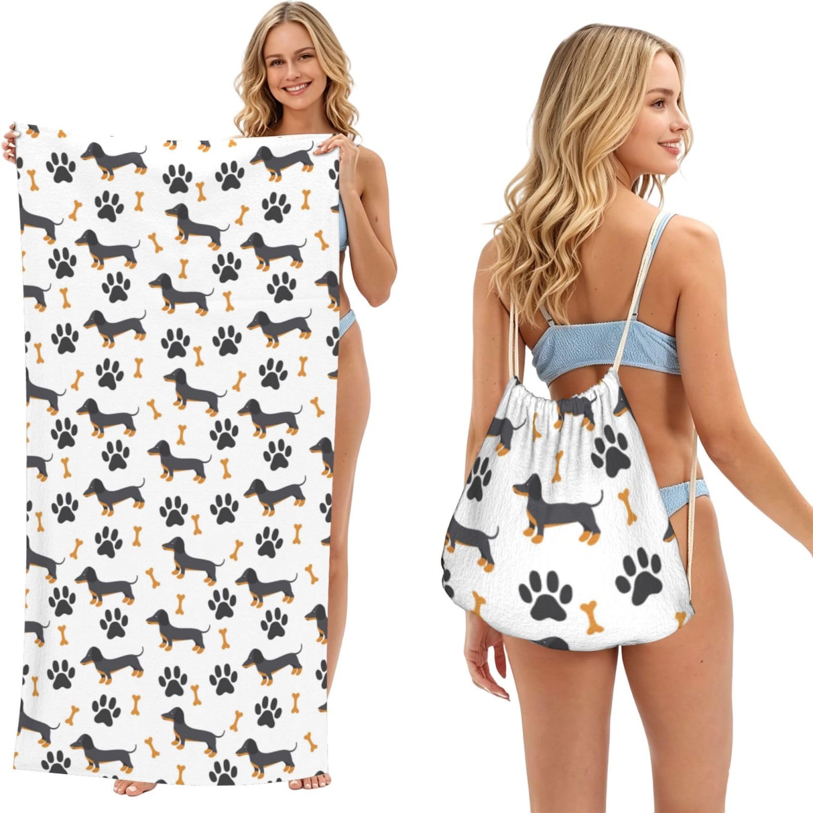 Poadnly As Picture Dachshund, 2 In 1 Packable Towel Bag, Beach Towels With Drawstring Backpack For Travel Holiday Camping