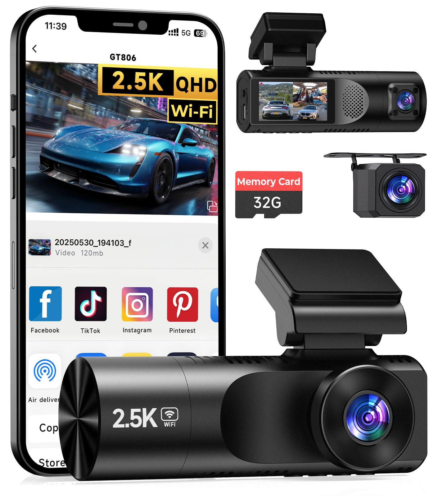 Dash Cam Front and Rear 2 5K 1080P 1080P 3 Channel Dash Cam with 32GB Card Wi-Fi Dash