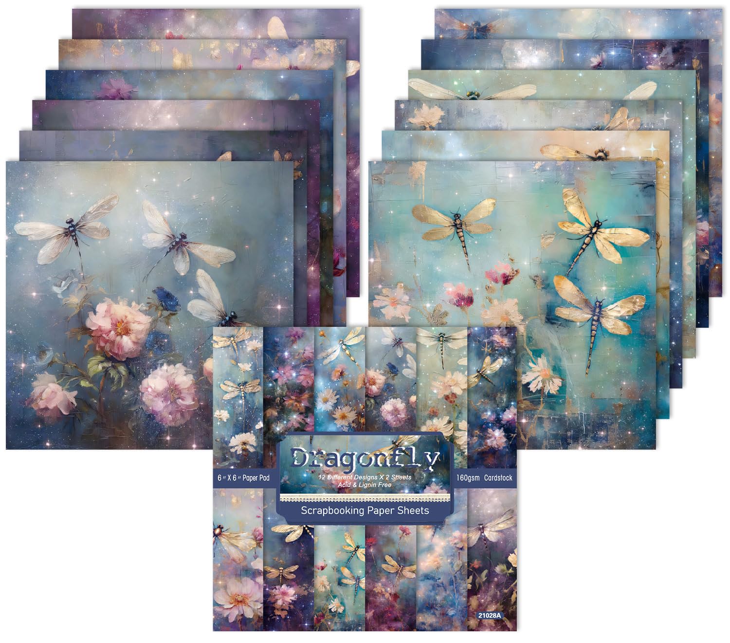 6 x 6 In Dragonfly Scrapbooking Paper Pad, 24 Sheets Floral Pattern Design Cardstock Decorative Decoupage for Photo Album Card Making Folded Supplies Gift Wrapping Junk Journals Crafts