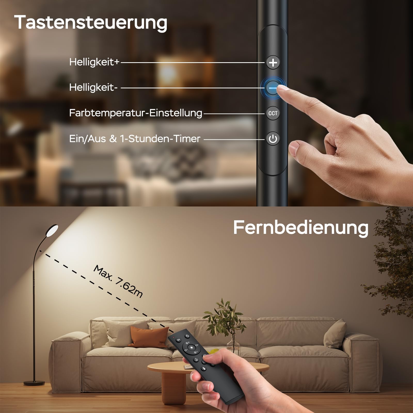 ANTENLICHT NOVA Stehlampe LED | Sofa stehlampe dimmbar mit Fernbedienung | 4 Farbtemperaturen & 4 Helligkeiten | 30 Min & 1 Stunden Timer | 18W Stehleuchte Schwarz für Schlafzimmer, Wohnzimmer, Büro