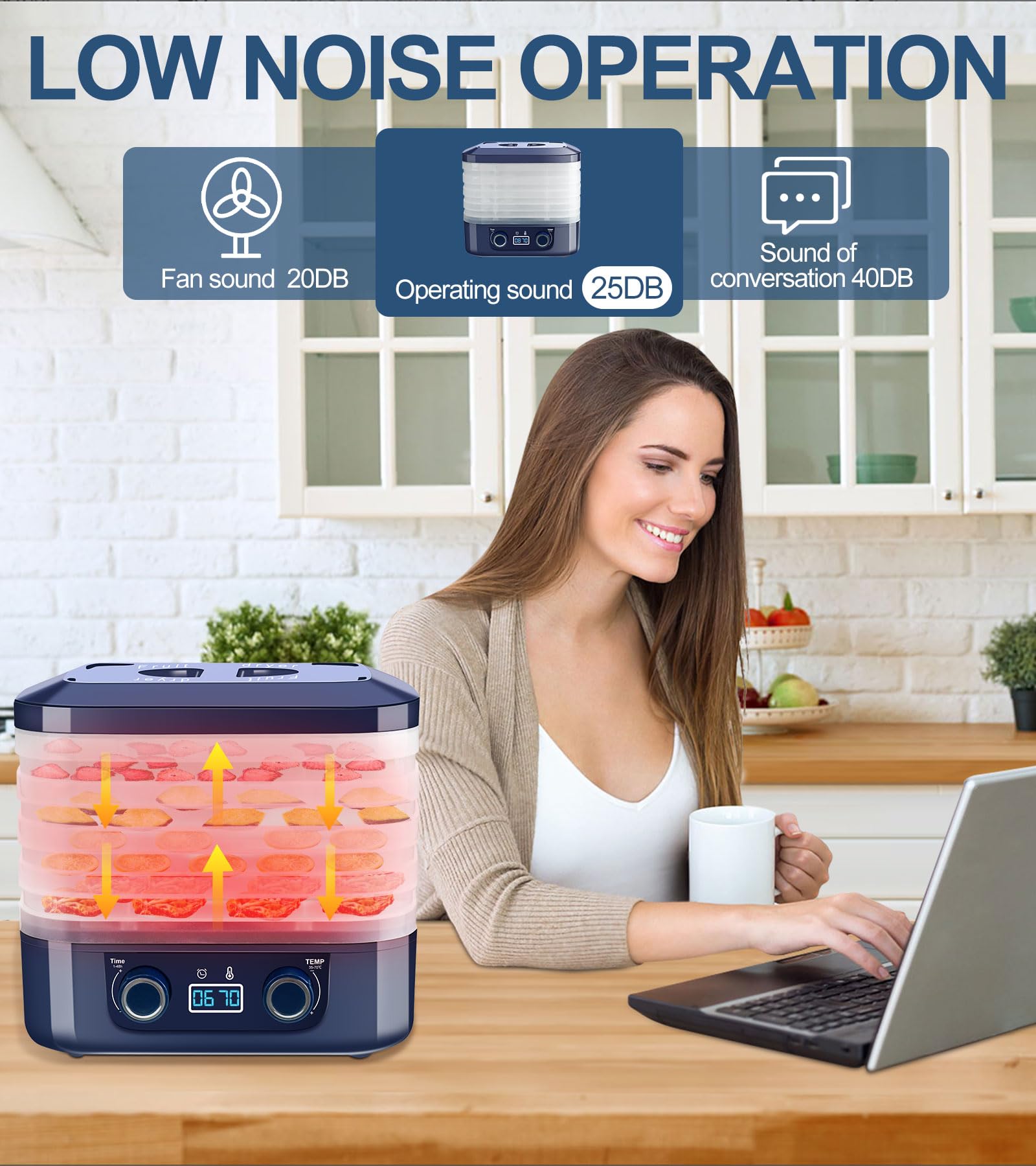 DeeprBling Déshydrateur Alimentaire, 5 Plateaux Réglables en Hauteur, Déshydrateur d'Aliments avec Écran Digital, Déshydrateur Fruits et Legumes avec Température 35-75°C et Minuterie 48H, Sans BPA