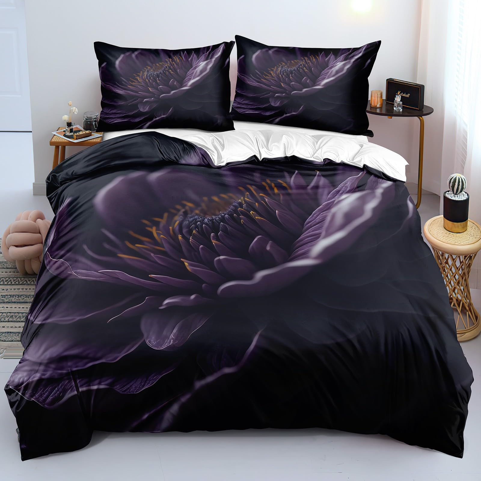 Housse de couette 260x240 fleurs anti-plis et facile à enfiler avec son zip pratique