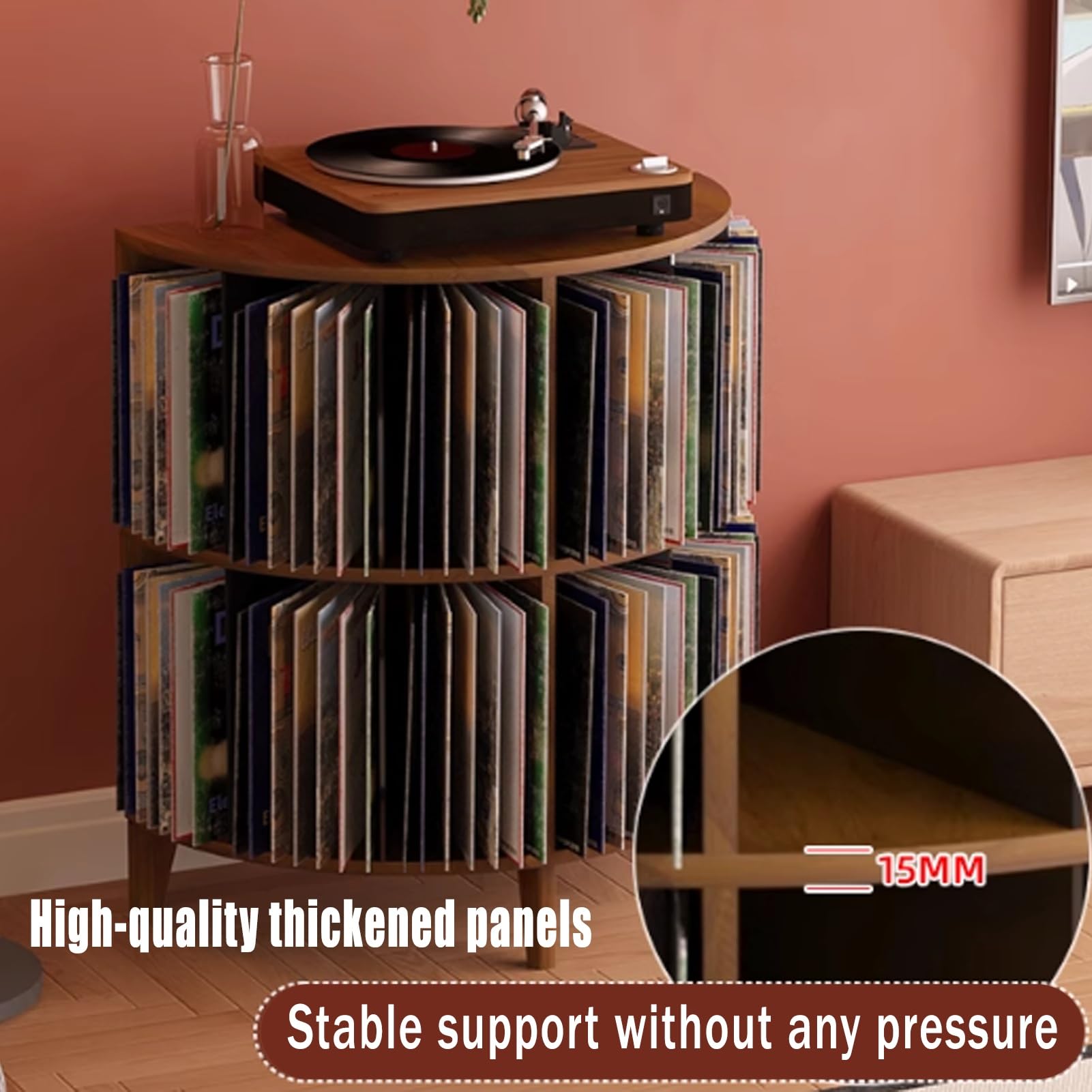 Armadietto di archiviazione audio in legno con supporto giradischi, dischi in vinile e organizer per CD per mobili da soggiorno, elegante soluzione di archiviazione multimediale