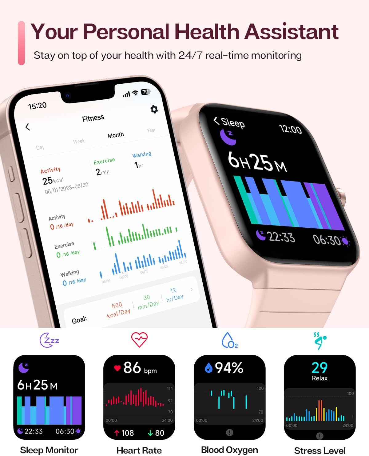 Smartwatch Donna, 1,8 con Fare Chiamate Risposta Vivavoce, Alexa Integrato Cardiofrequenzimetro SpO2 Sonno, Contapassi Orologio Fitness Notifiche Messaggi per Android/iOS