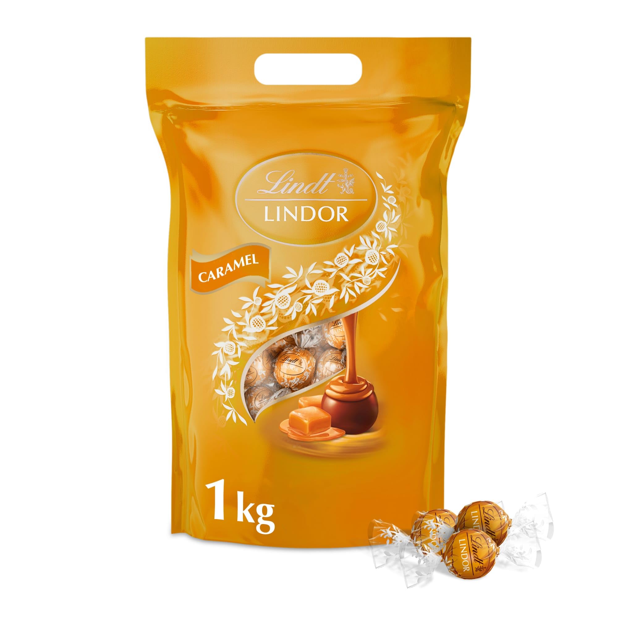 Lindt Schokolade | LINDOR Schokoladen Kugeln Caramel | 1 kg Beutel | Wiederverschließbar | ca. 80 Kugeln Milch-Schokolade mit Karamellcrèmefüllung |Pralinen-Geschenk