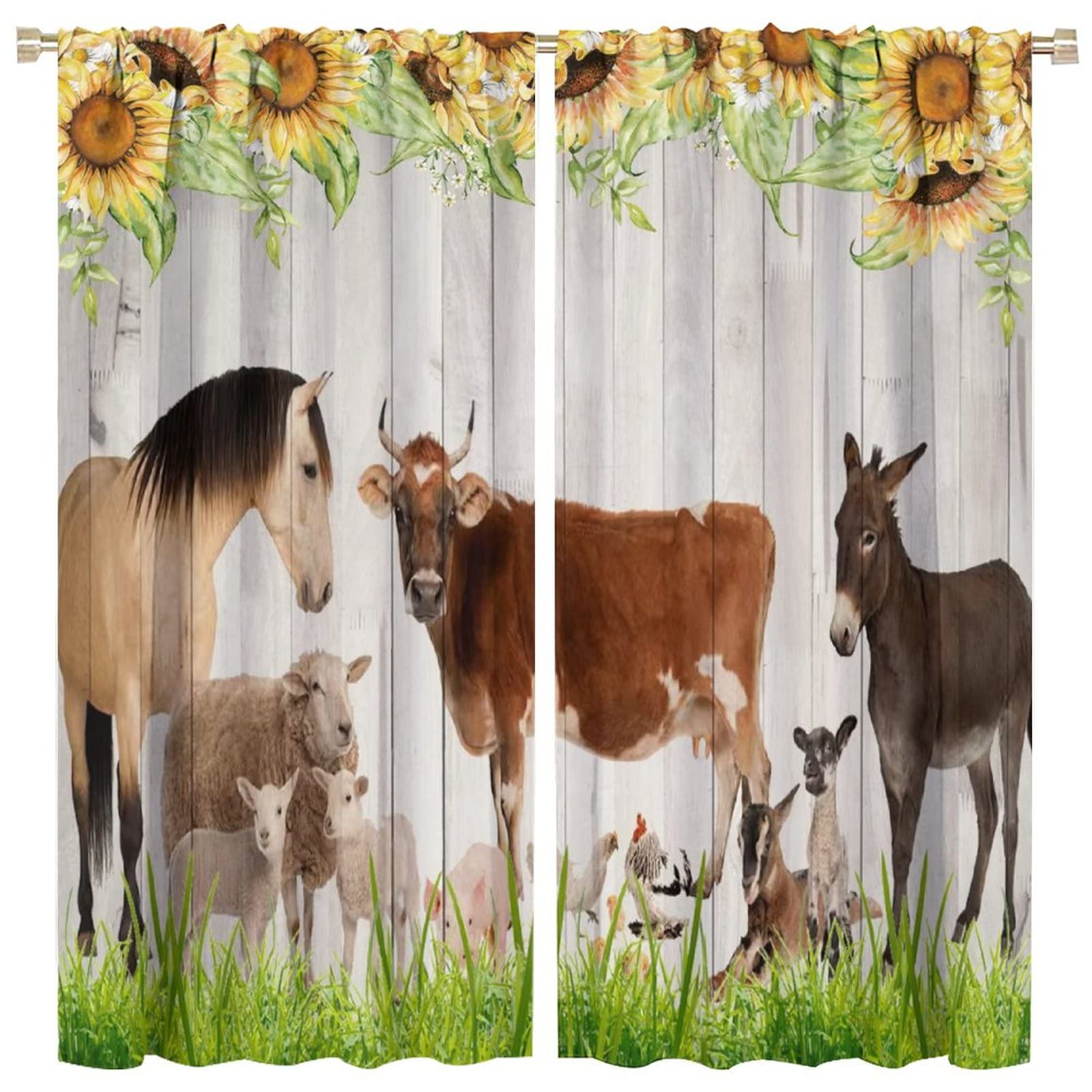 Farm Animal Curtains,Farmhouse Animals Cow Horse Sheep Duck Sunflower Wooden Plank Background Blackout Window Door Curtains for Bedroom Living Room Home Decor W52xL84in