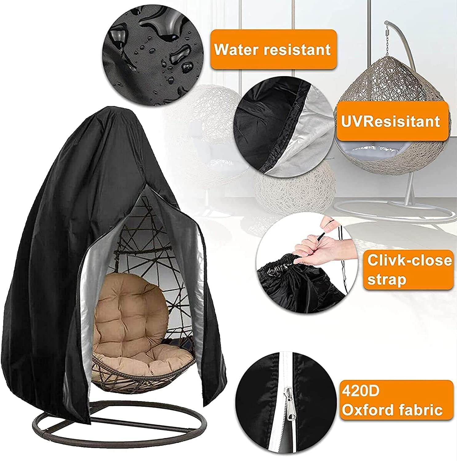 Couverture de Chaise Suspendu, Imperméable Housse de Fauteuil Suspendu, Housse de Protection pour ?ufs Chaise avec Fermeture éclair - Tissu Oxford 420D et enduit PVC à L'intérieur (230x200cm)