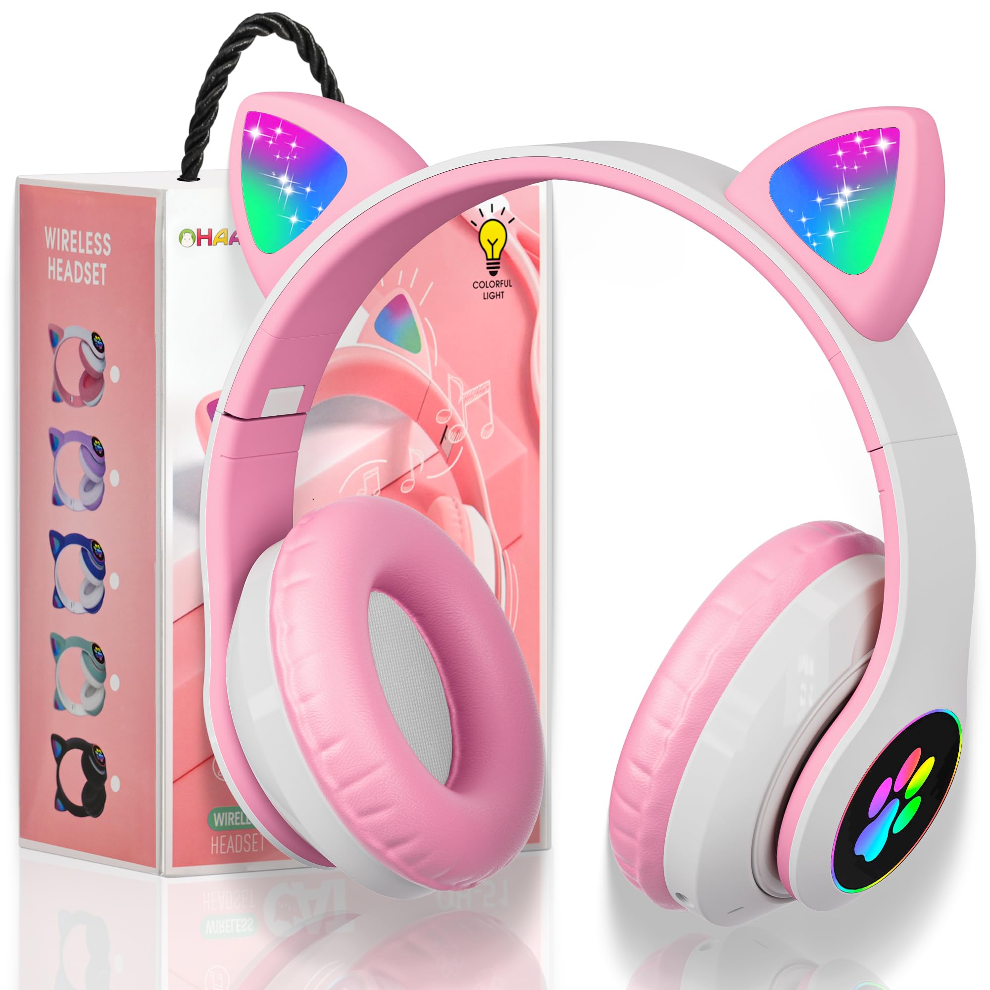 KERHAND Bluetooth Headphones for Kids, Cute Ear Cat Ear LED Light Up Foldable Headphones Stereo Over Ear with Microphone/TF Card Wireless Headphone for iPhone/iPad/Smartphone/Laptop/PC/TV (Pink)