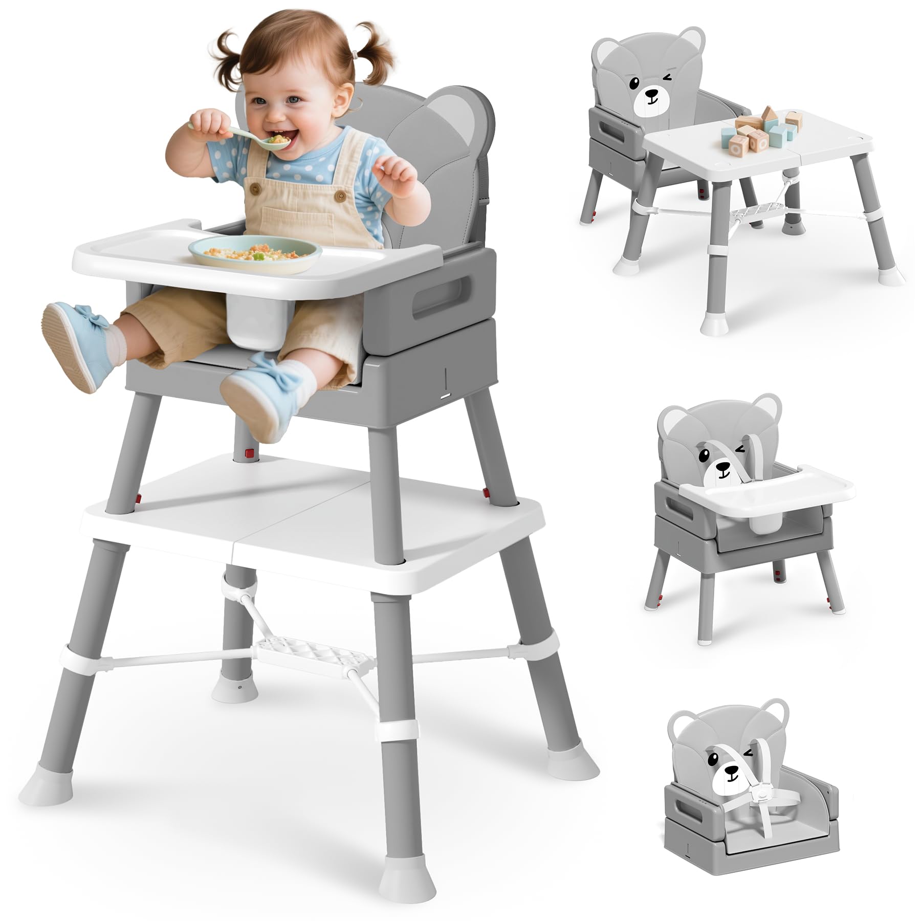 COOSEYA 6 in 1 Seggiolone Papa per Neonati e Bambini, Seggiolone Evolutivo da Neonato a Bambino, Sedia Multiuso con Vassoio Rimovibile e Cintura di Sicurezza a 5 Punti, Grigio (6 Mesi - 3 Anni)