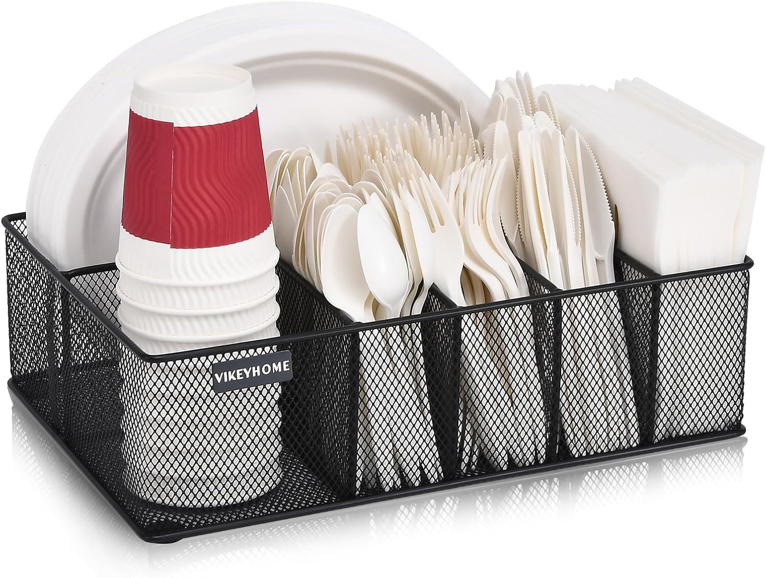 VIKEYHOME Paper Plate Organizer for Countertop, Metal Silverware Caddy with 6 Compartments for Cup, Napkin, Utensil Holder Caddy for Party, Camping, Picnic