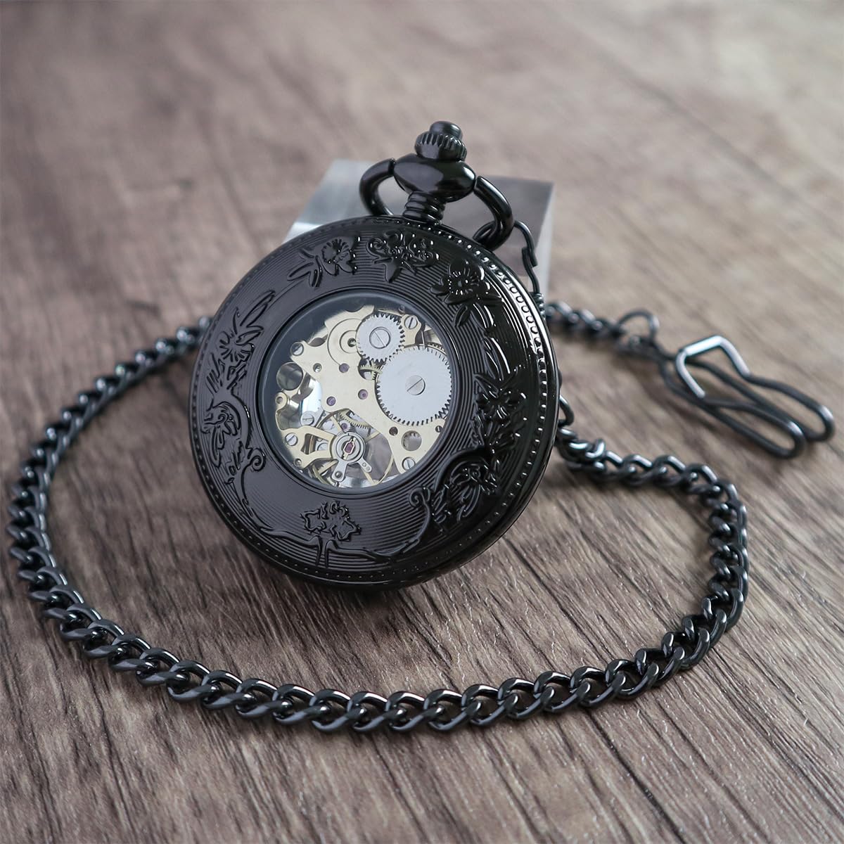 VIGOROSO Reloj de bolsillo mecánico para hombre, estilo vintage, steampunk, diseño hueco de grano de madera, con cadena y caja