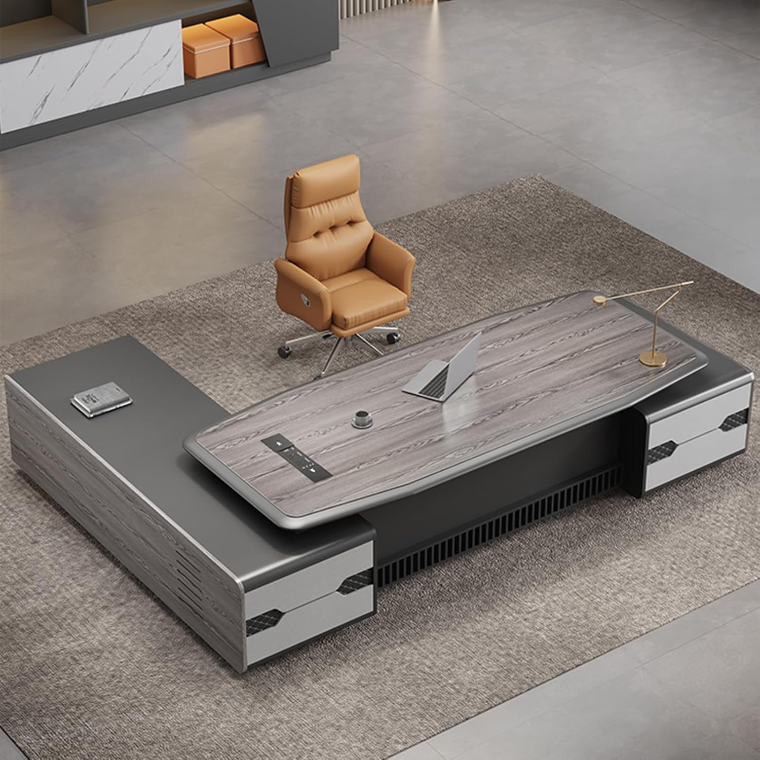 Grey L Shaped Computer Desk Executive Office Desk with Lateral Cabinet Gaming Writing Table Business Furniture Set for CEO Boss