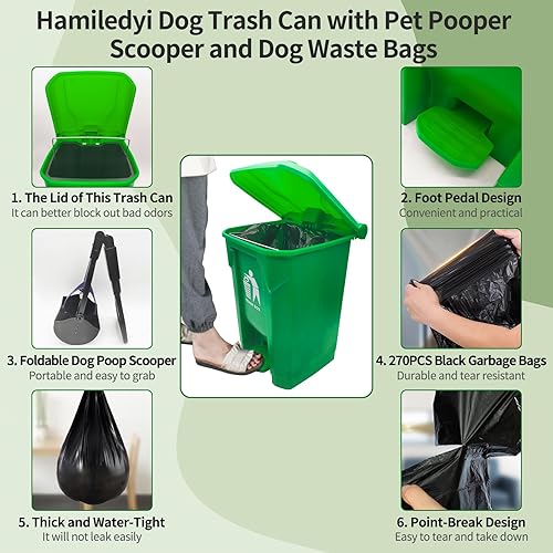 Miniatura 3 de Hamiledyi Bote de basura para excrementos de perro con recogedor plegable de excrementos de mascotas y 270 bolsas de basura grandes con tapa y cubo