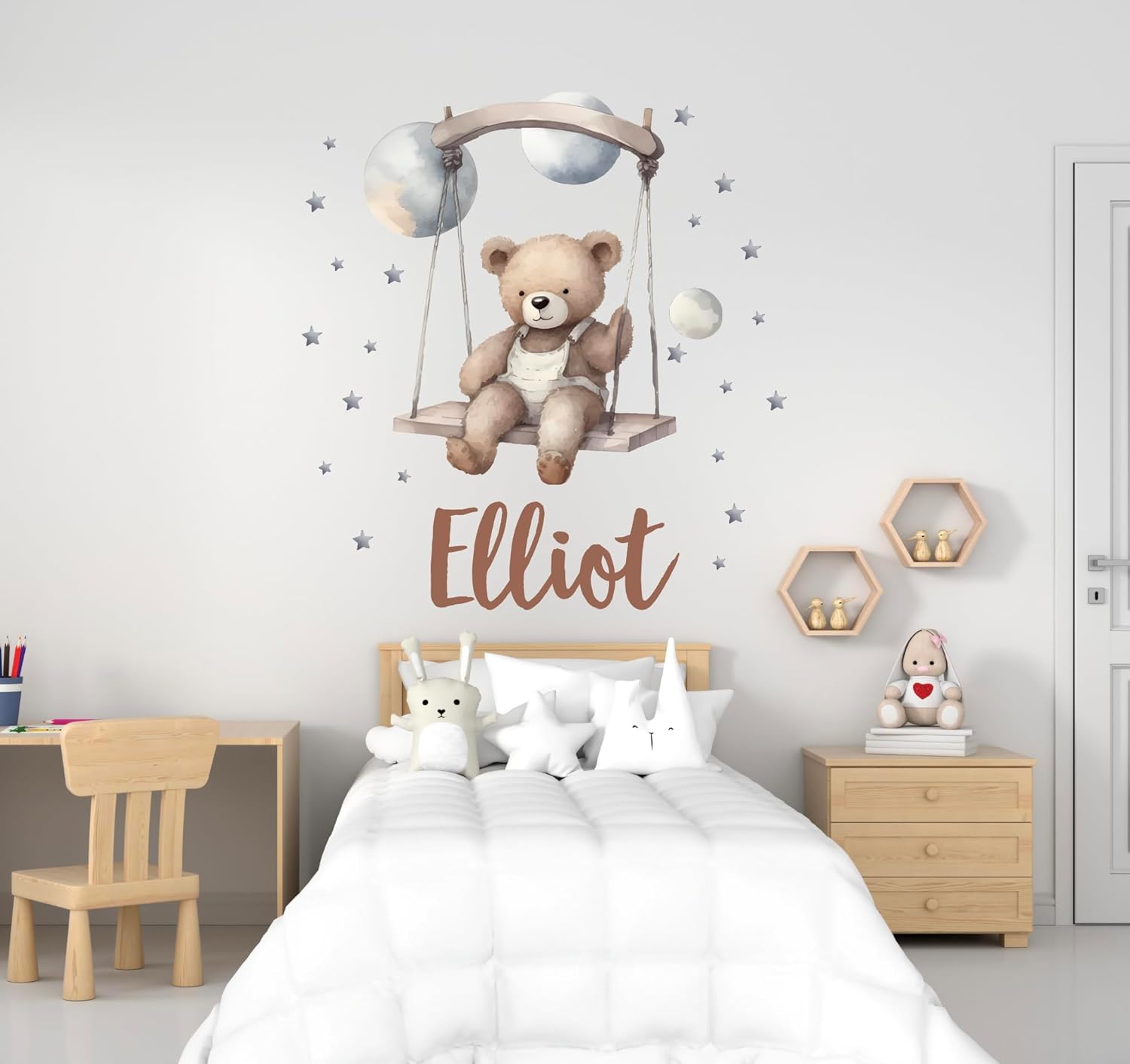 Custom Name Teddy Bear Wall Decals - Moon Clouds Stars Wall Stickers for Kids Bedroom & Living Room