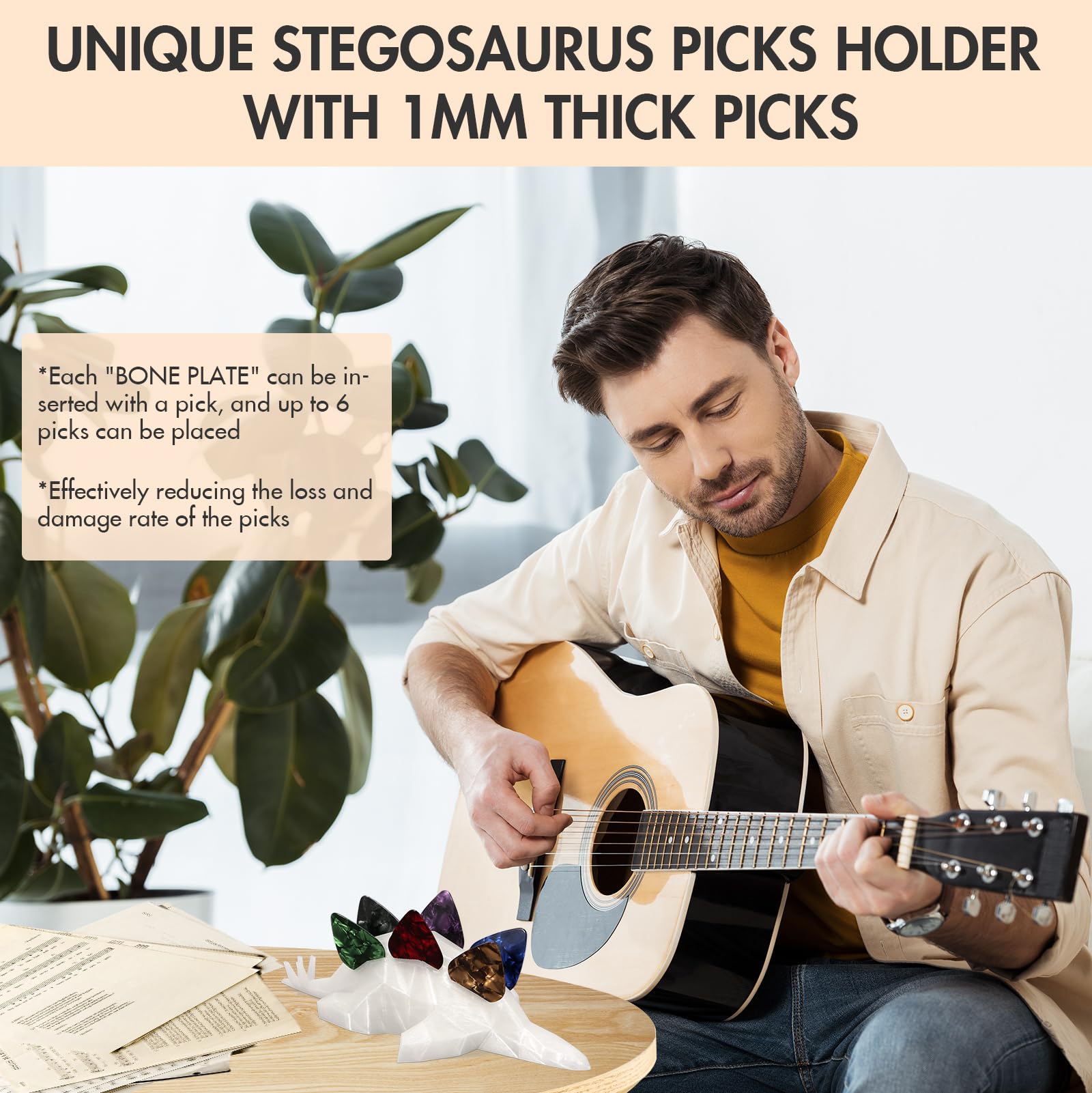 8 Pack Guitar Picks with Stegosaurus Pick Holder - 1mm Guitar Picks | Low-Poly 3D Stegosaurus Art Desk Ornament, Hold 6 Picks | Creative Gift for Guitarists Bassists Musicians (Picks Random Colors)