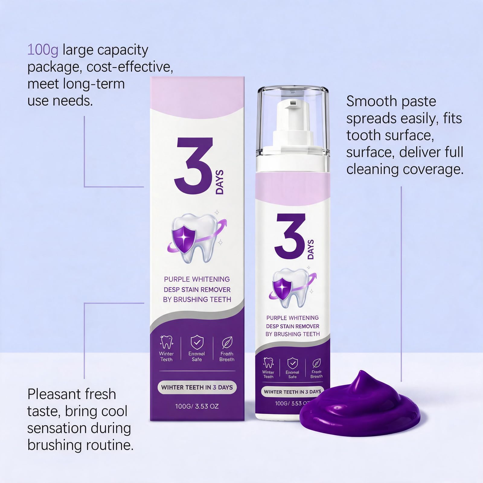 Purple Whitening - Dentifricio sbiancante, smalto rinforzante e alito fresco (4 pezzi) | Il dentifricio con colorazione viola dona un sorriso radioso, rimuove le macchie superficiali