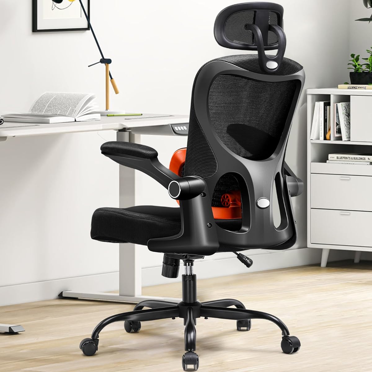 GTRACING Office Chair Ergonomic Desk Chair with 3D Adaptive Lumbar Support & Headrest, High Back Home Mesh Chair with Flip-Up Arms, Swivel Rolling Computer Seating for Long Desk Work (Black)