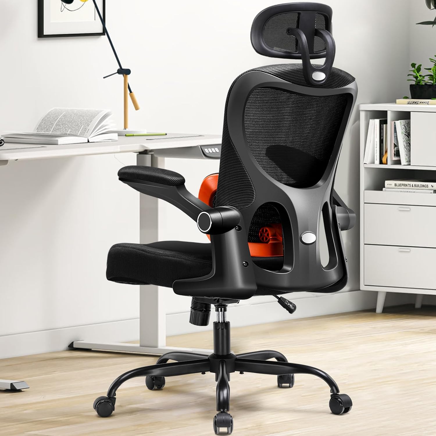 GTRACING Office Chair Ergonomic Desk Chair with 3D Adaptive Lumbar Support & Headrest, High Back Home Mesh Chair with Flip-Up Arms, Swivel Rolling Computer Seating for Long Desk Work (Black)
