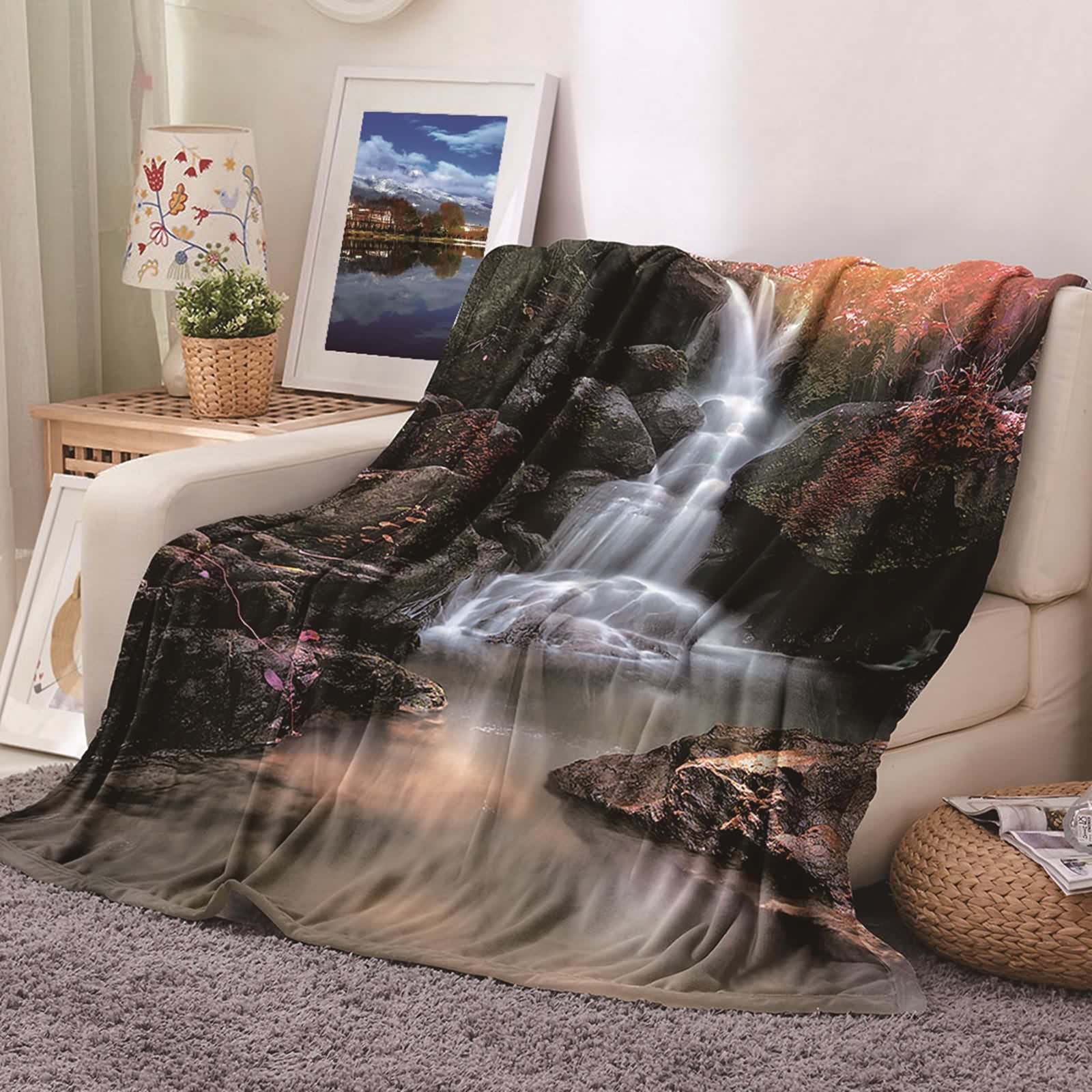Couverture polaire douce KnSam de lit en flannel haut de gamme motif cascade de rochers