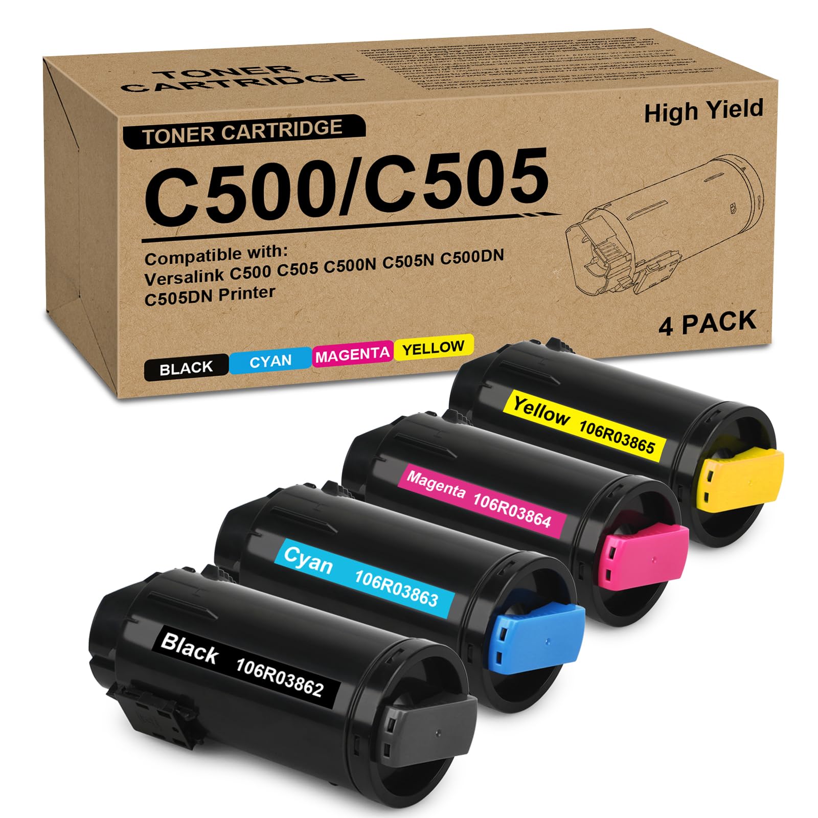 SRITE C500 C505 Toner Cartridges 106R03869 106R03866 106R03867 106R03868 Replacement for C500 C500DN C500N C505 C505DN C505N C505S Printers (4 Pack-Black Cyan Magenta Yellow), Small, SR-C500-1B3C
