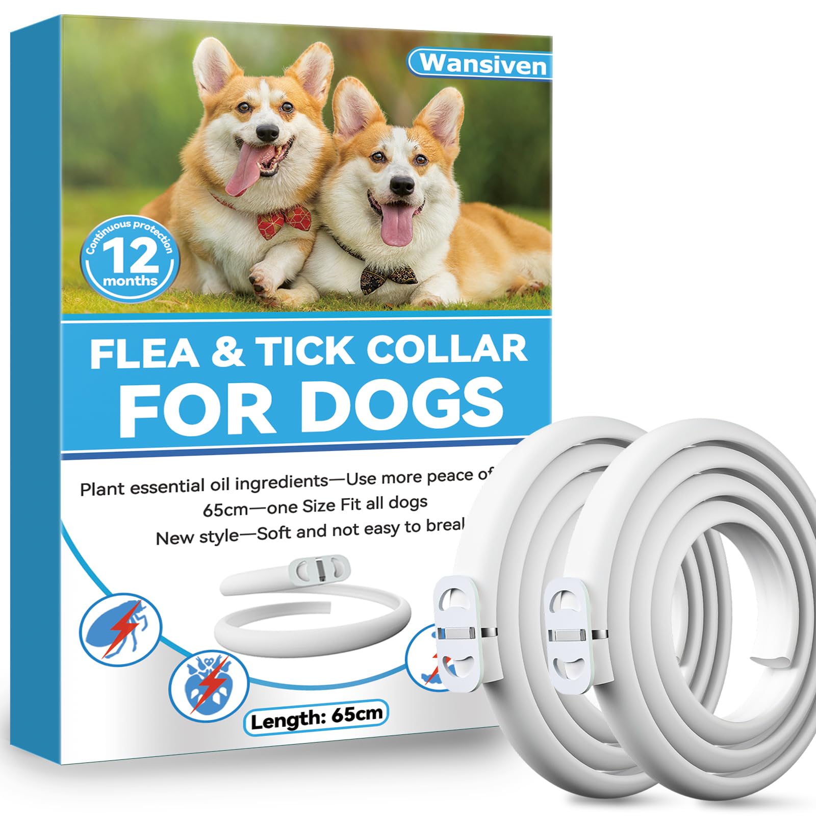 Wansiven Collar antipulgas para Perros, Impermeable antipulgas y parásitos, 12 Meses de protección 65 cm (Azul-1p) (Azul-2p)