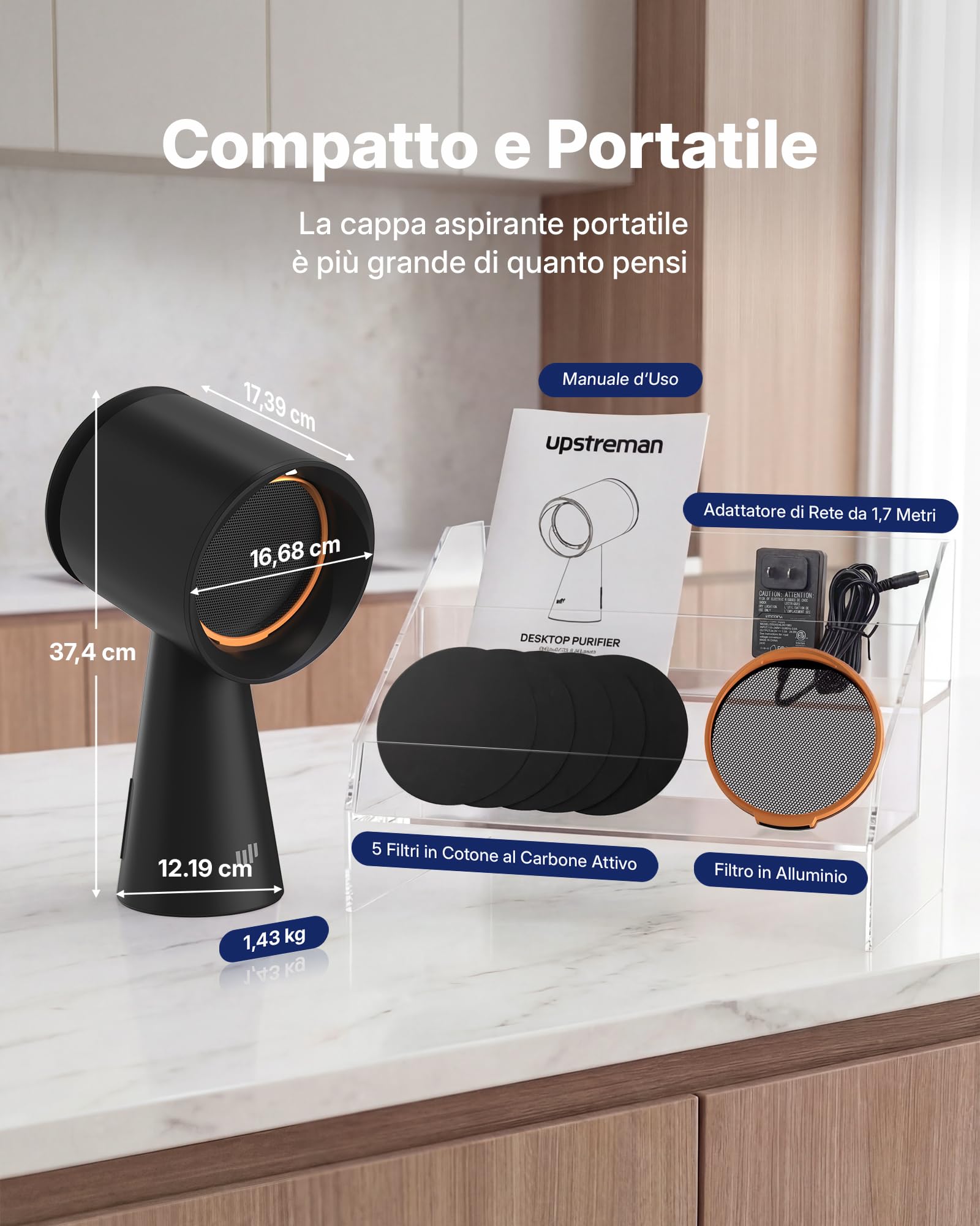 Upstreman Cappa Aspirante Portatile da Tavolo, 3 Velocità con Grande Contenitore Olio, Filtro Alluminio e Carbone Rimovibile, Ventola da Cucina per Barbecue Indoor, Hot Pot, Nero