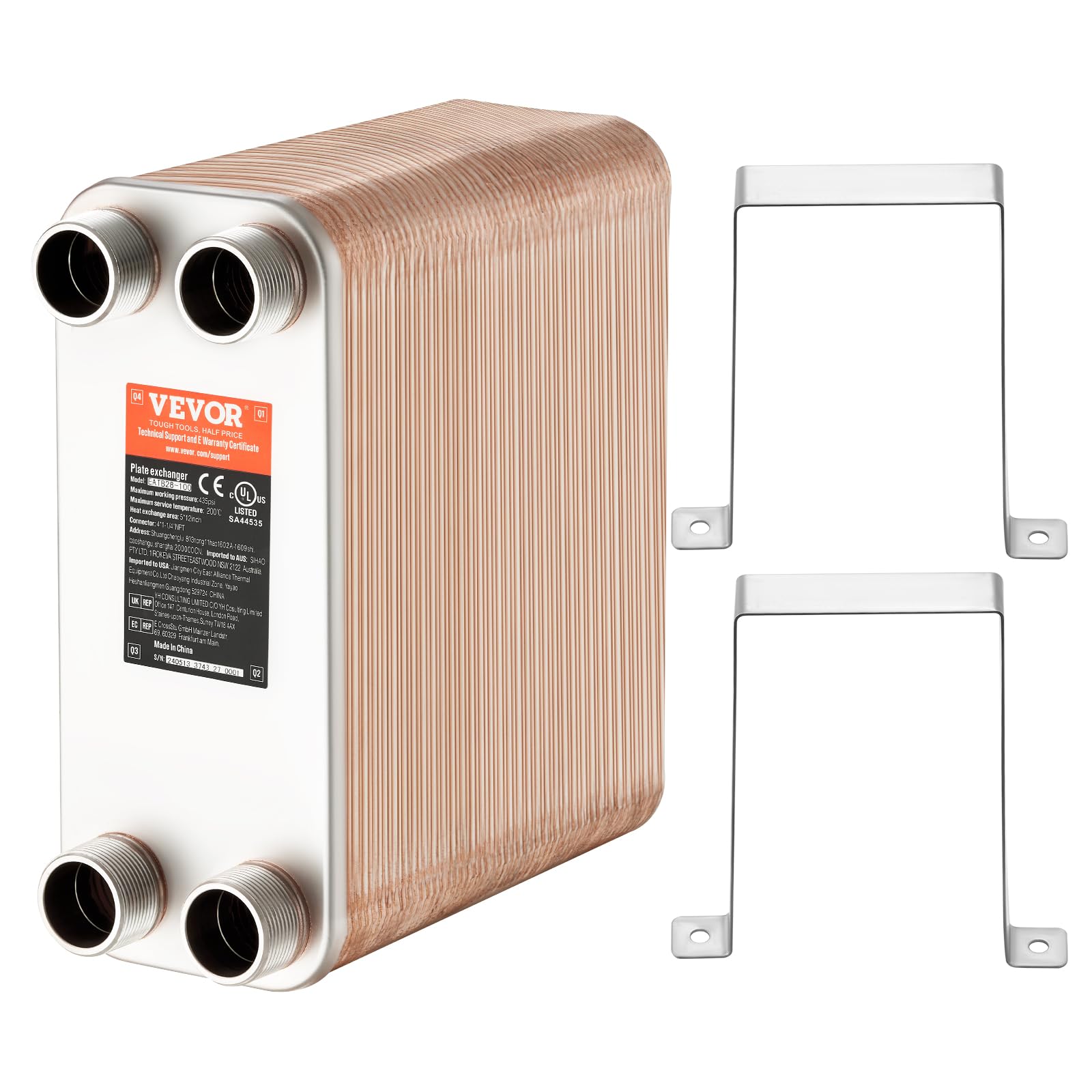 VEVOR Scambiatore di Calore, Piastre Brasate in Rame o Acciaio Inossidabile 316 L 127x305 mm, 100 Piastre, per Riscaldamento a Pavimento, Riscaldamento Acqua, Scioglimento Neve, Raffreddamento Birra