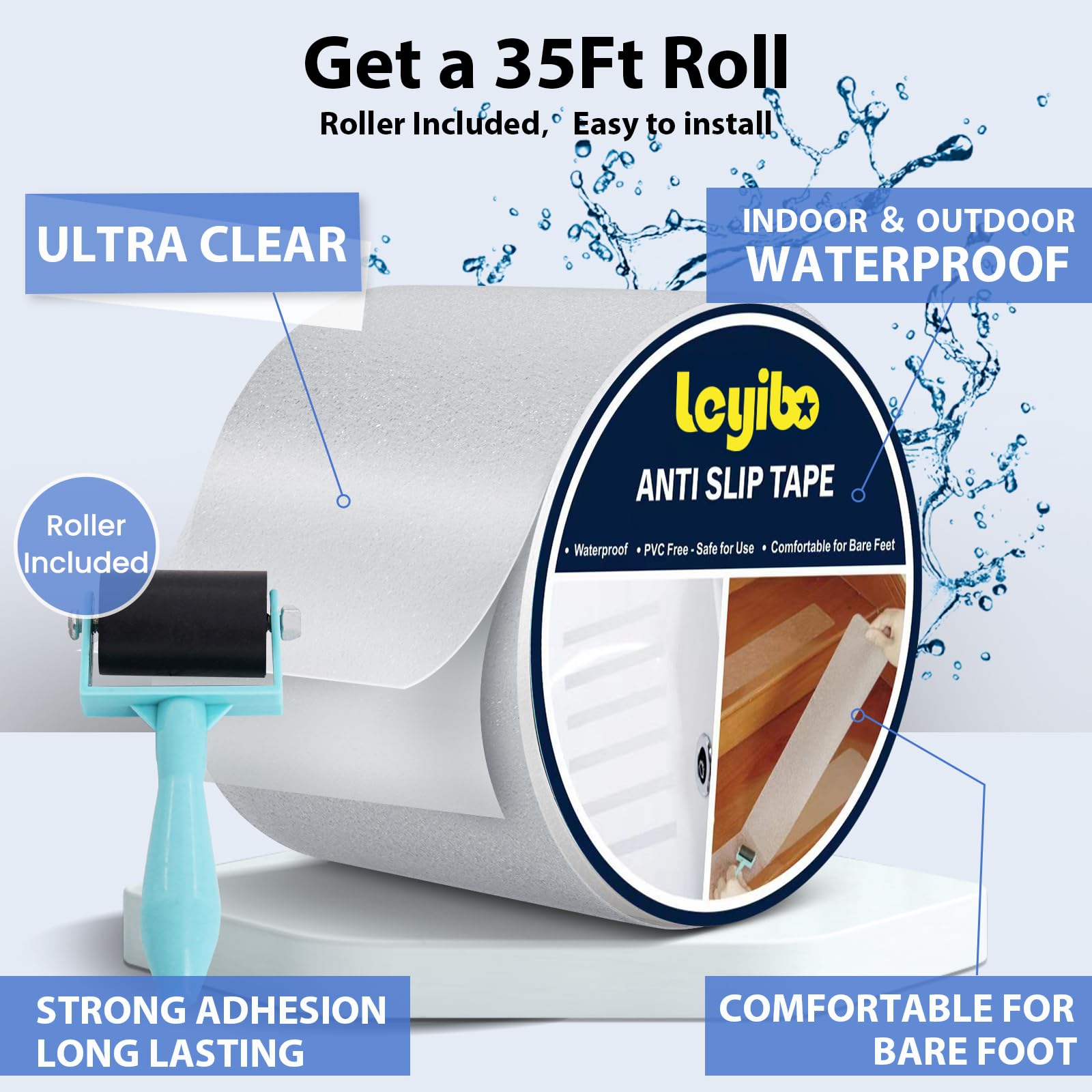 Cinta antideslizante transparente impermeable para exteriores e interiores con rodillo, 4 pulgadas x 35 pies, cinta de agarre antideslizante para bañeras, barcos, escaleras, piscinas,