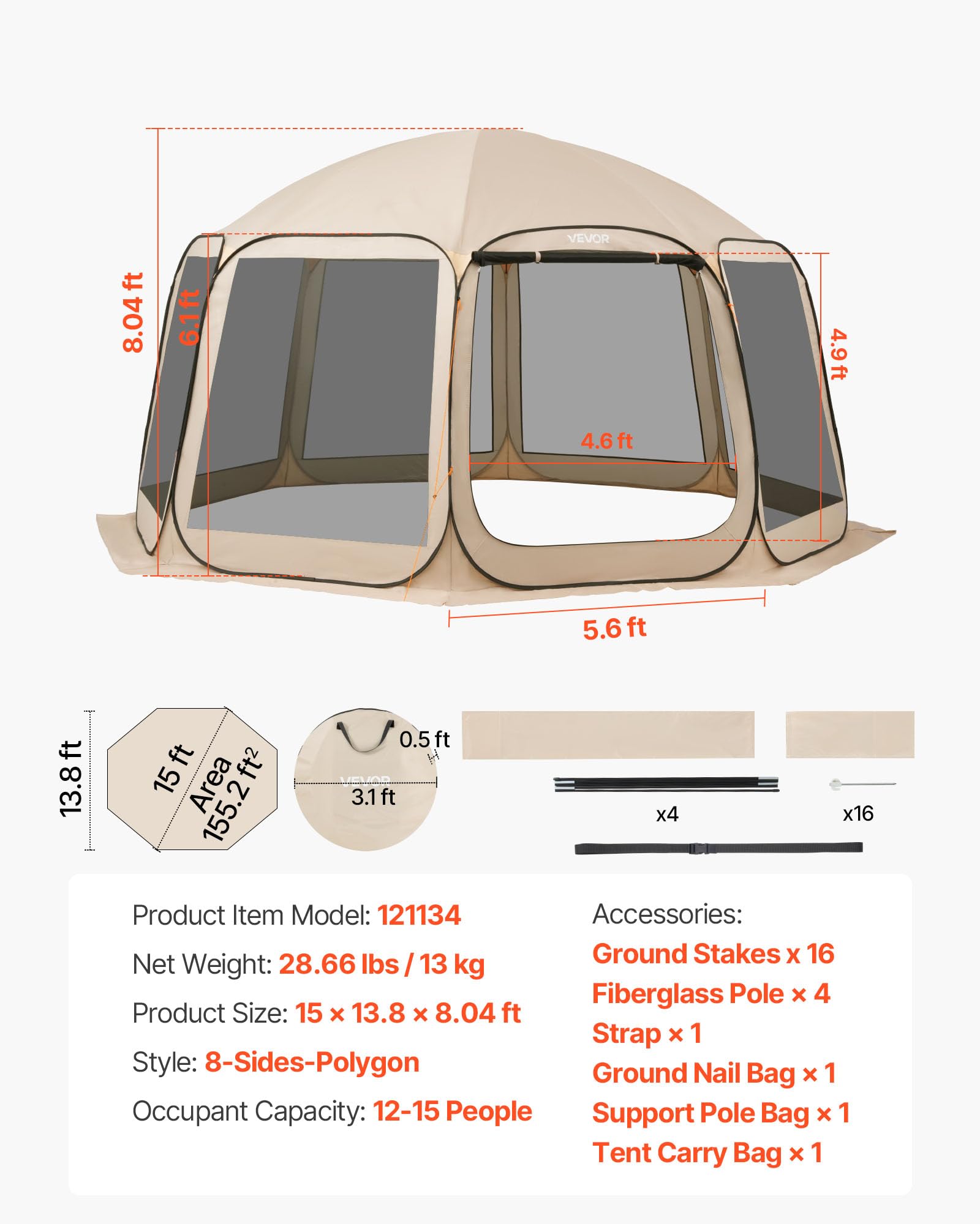 VEVOR Tienda de campaña con mosquitera, 10 x 9 pies, tienda de campaña desplegable para 4-8 personas, toldo con bolsa de transporte, lados de red, estacas para el suelo, para jardín, patio