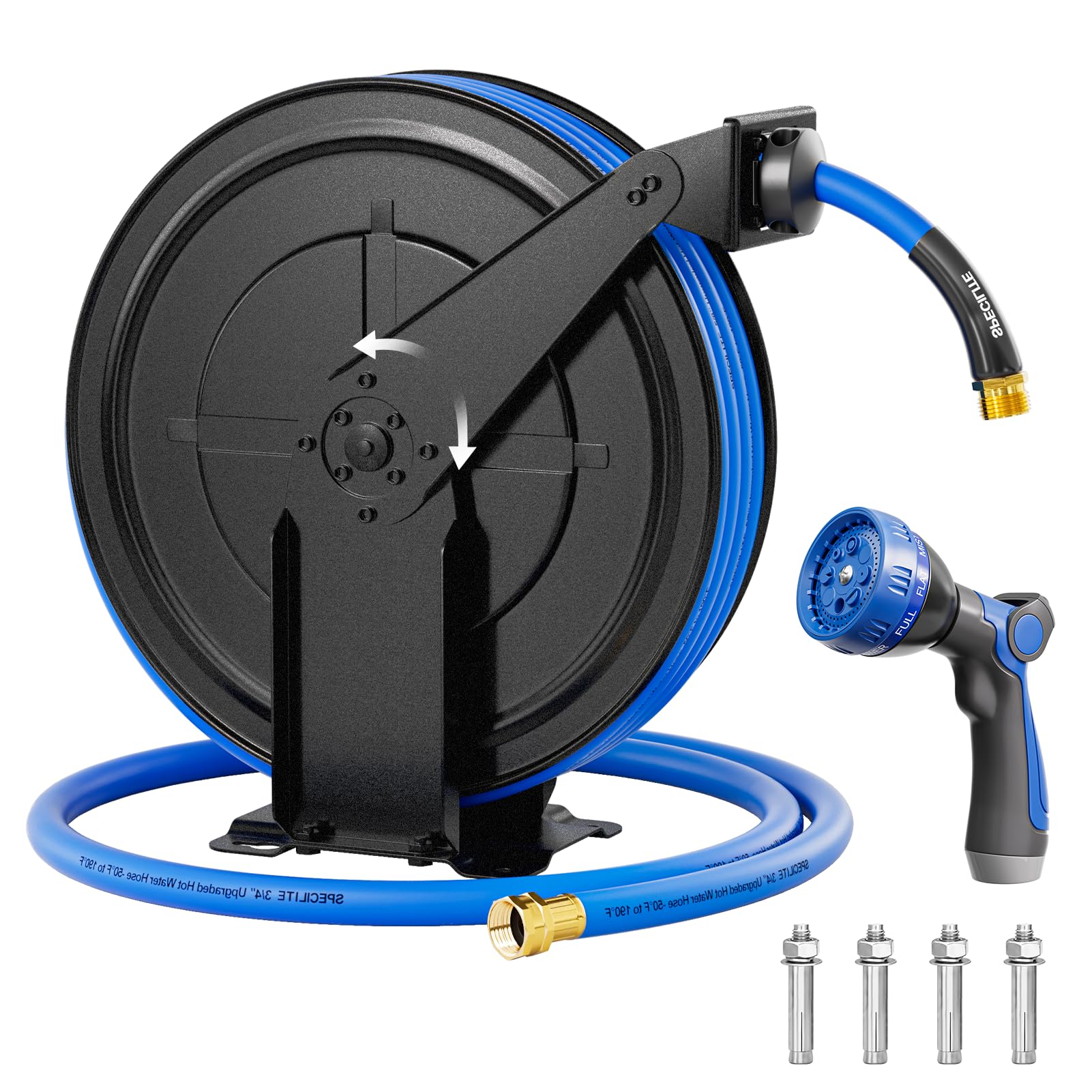 Metall Einziehbare Schlauchtrommel mit 15m Warm/Kaltwasserschlauch-Blau | -50-190 ℉, -45-87℃, Strapazierfähiger Schlauchaufroller mit Schlauch, Wandmontierte Schlauchspule für Außenbereich
