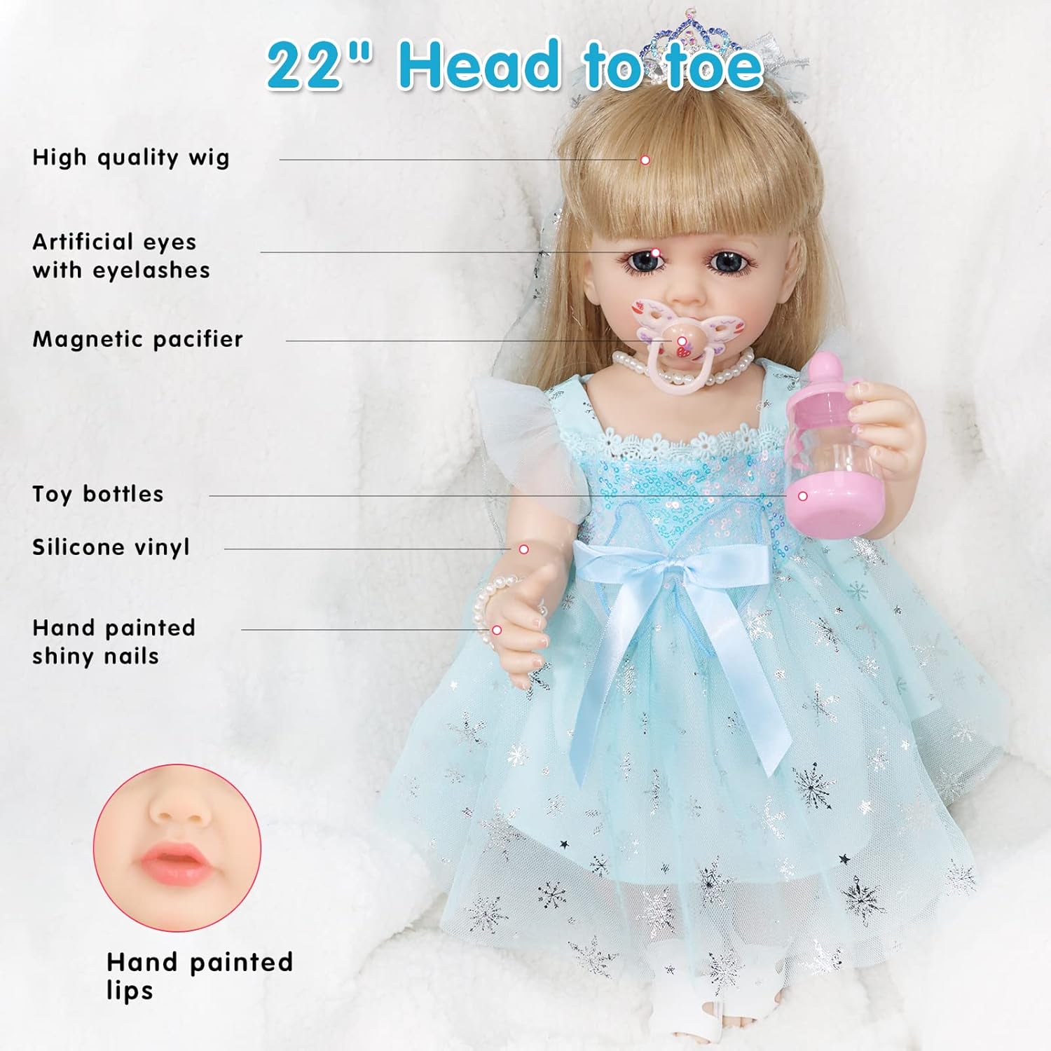 Realistic Baby Doll, 22 Inch Lifelike Reborn Baby Dolls Silicone Full Body with Princess Dress, Long Hair Weighted Toddler Doll Toy Birthday Gift Set for Over 3 Years Old