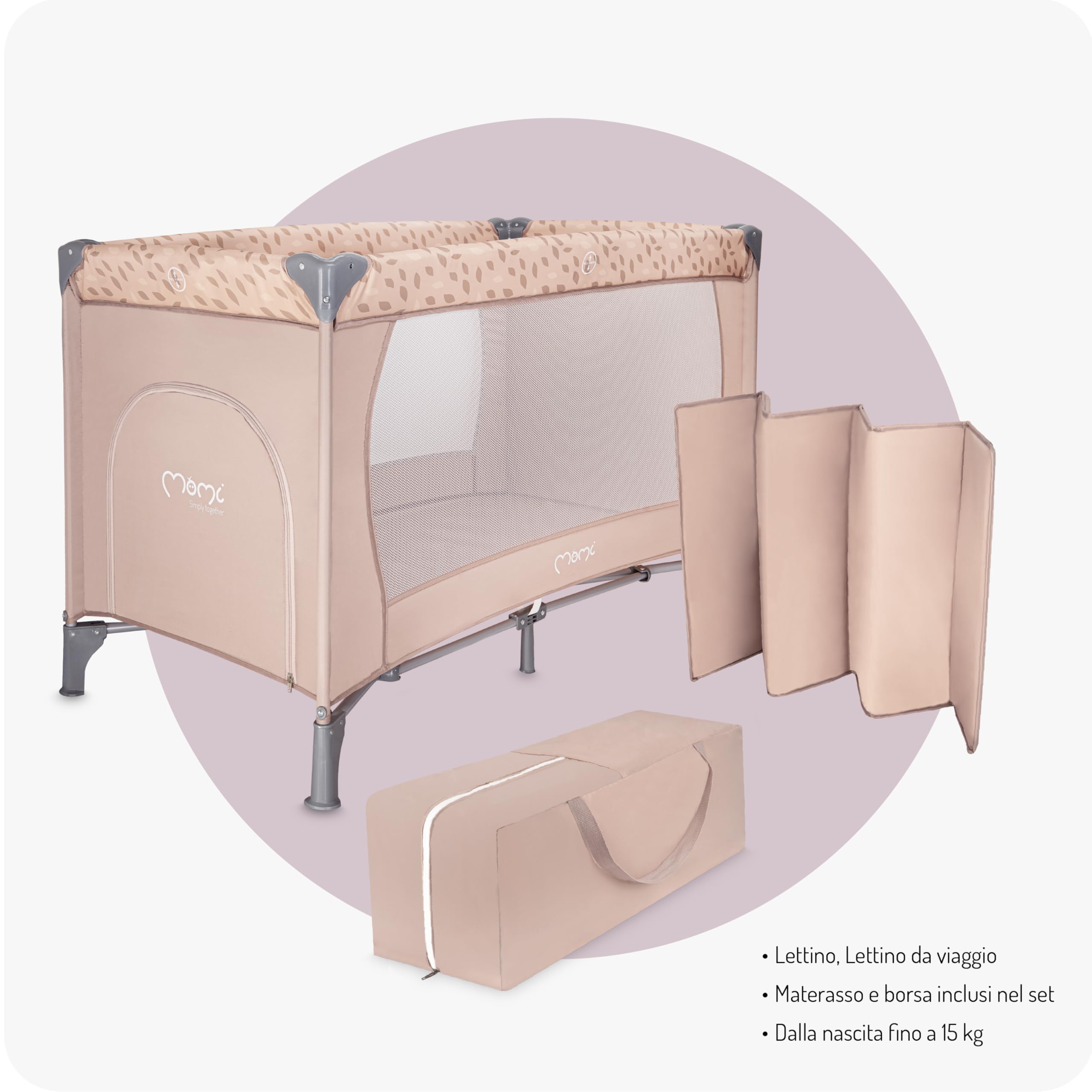 Momi BELOVE lettino da viaggio per bambini fino a 15 kg, 125x65x78 cm, pieghevole 21x23x80 cm, con materassino, 2 ruote e borsa per il trasporto