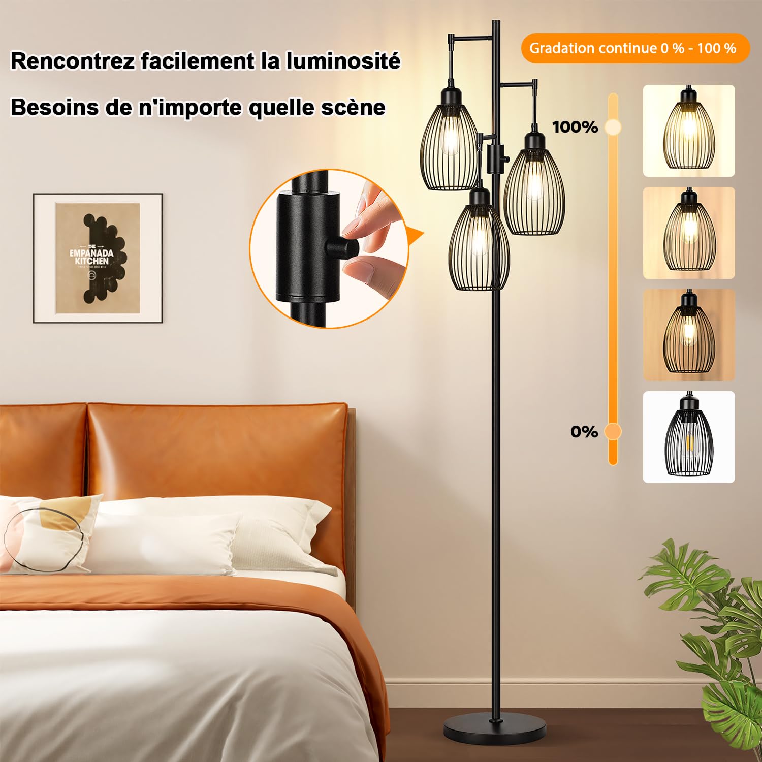 Nintiue Lampadaire sur pied avec variateur, 3 x ampoules LED 800 lm, cage en forme de larme, pour salon et chambre