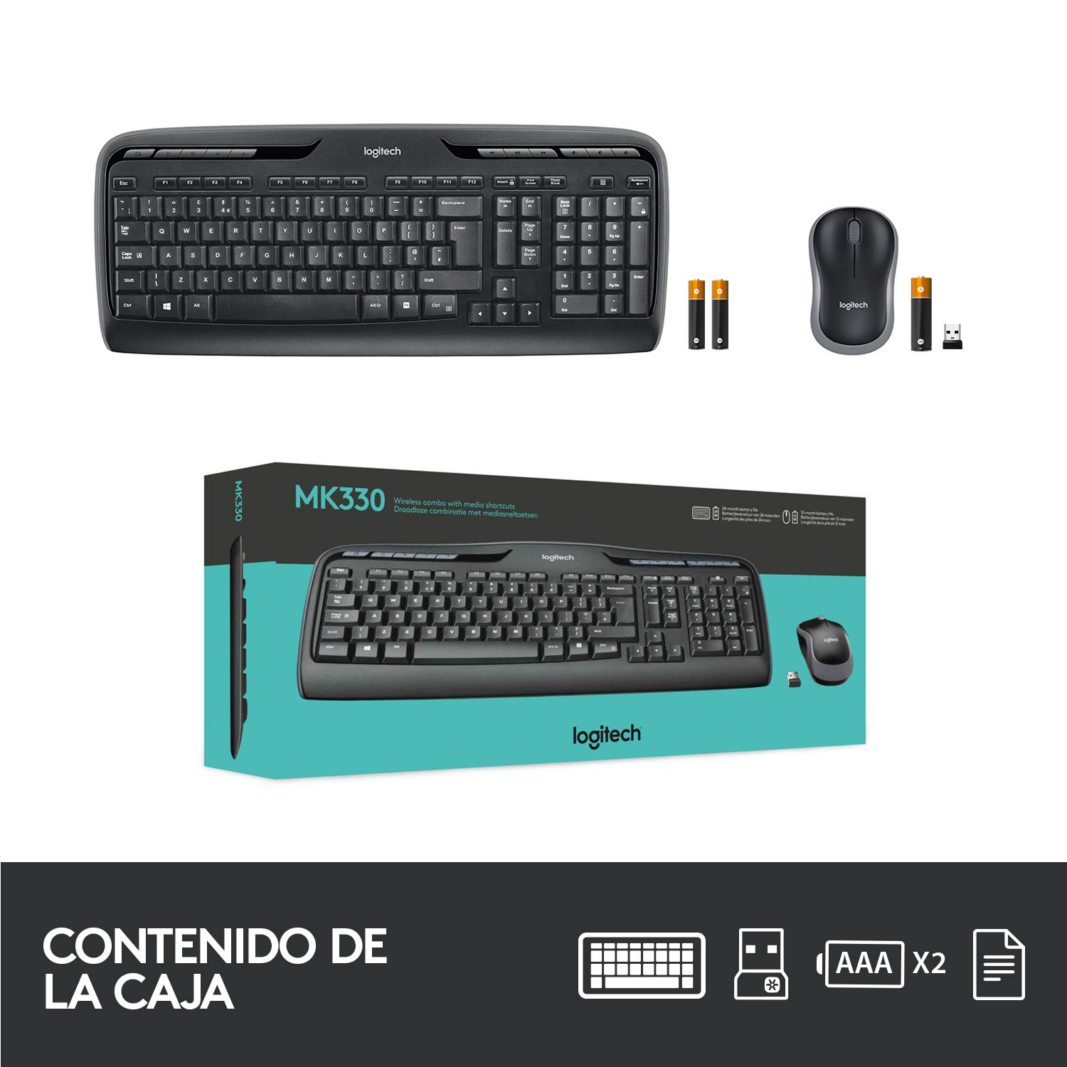 Logitech MK330 Combo Teclado y Ratón Inalámbrico para Windows, 2.4 GHz con Receptor USB, Ratón Inalámbrico Portátil, Teclas Multimedia, PC/Portátil, Disposición QWERTY Español, Negro