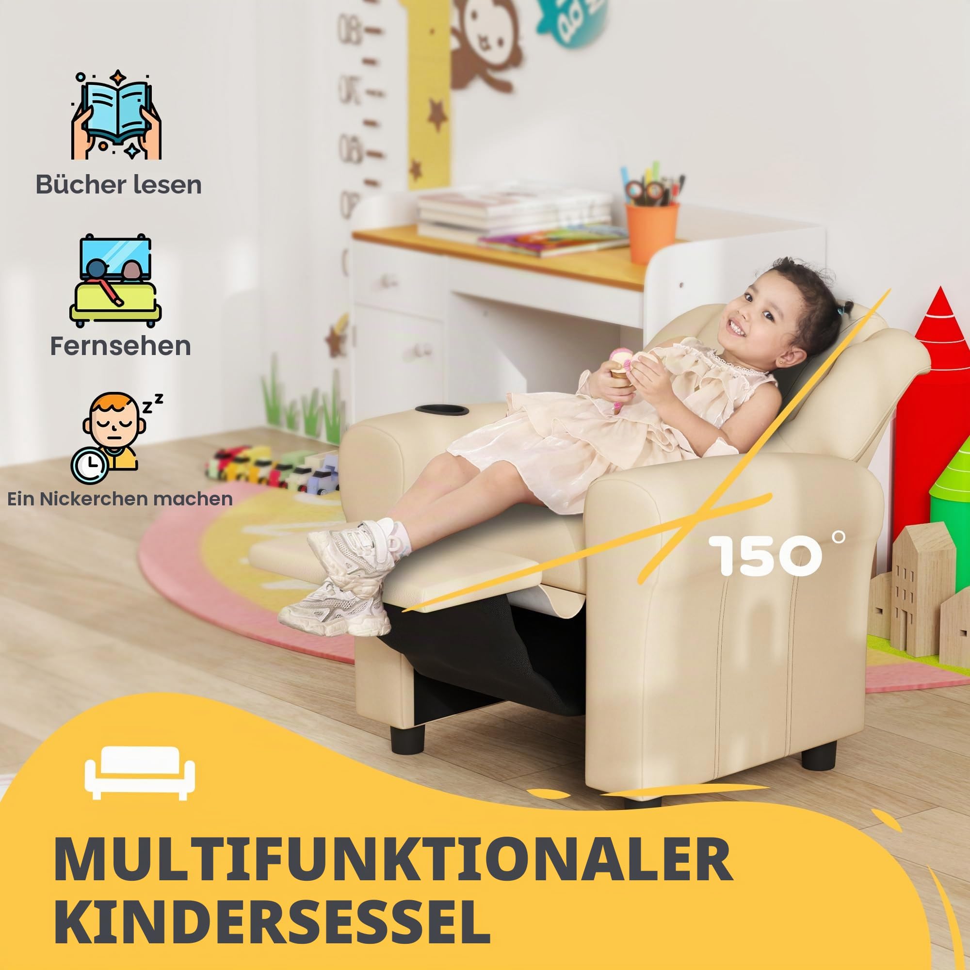 HOMCOM Kindersessel, PU-Leder Kindersessel, Kinderstuhl, Kleinkindersessel mit Verstellbarer Rückenlehne, Fußstütze, gepolsterte Kopfstütze, Becherhalter, Beige