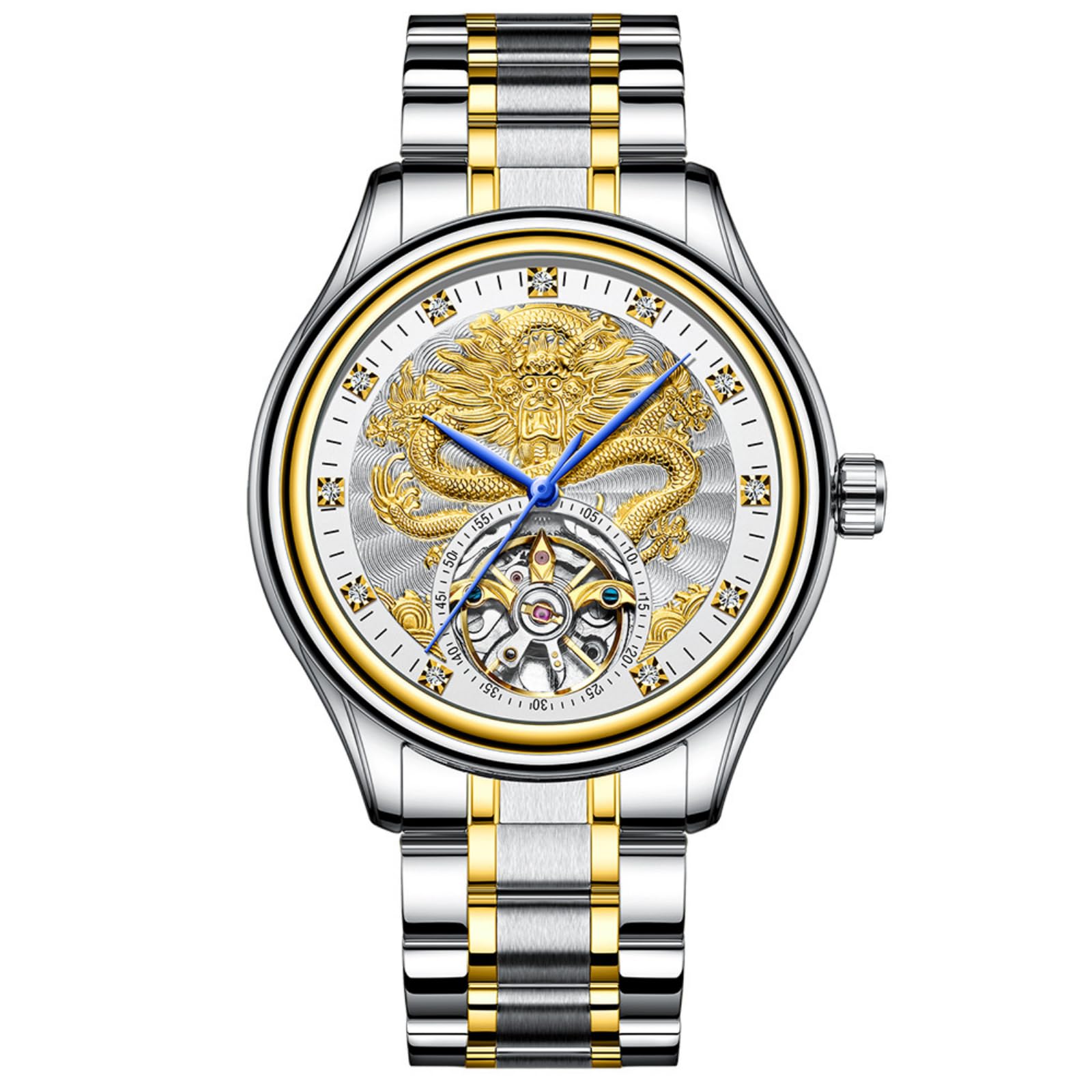 Luxuriöse ausgehöhlte Tourbillon Herren-Automatik-mechanische Uhr mit goldenem Drachenmuster geschnitztem Zifferblatt, Diamant-Skala Skelett-Armbanduhr, Edelstahl wasserdichtes Armband