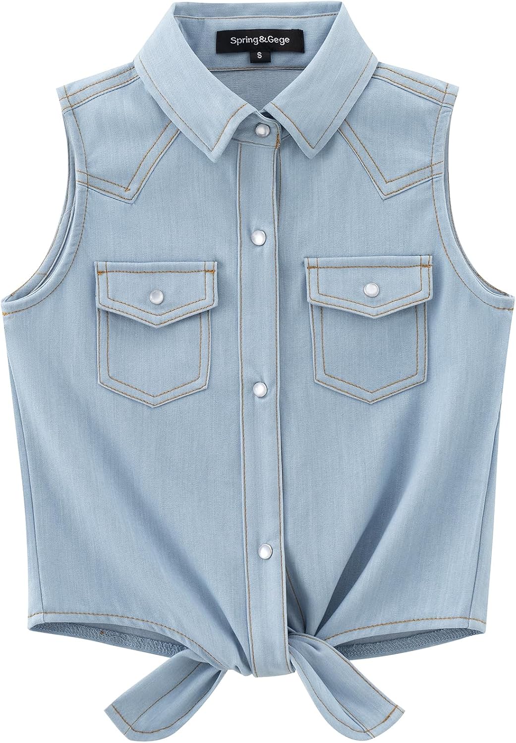 Spring&Gege Girls Denim Western Pearl Snap Shirt Sleeveless Cowgirl Tie Knot Crop Button Down Shirt Wrinkle Free Blouse Top