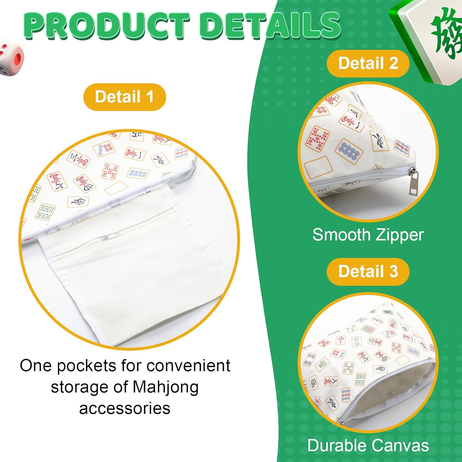 2 Pcs Empty American Mahjong Tile Bags Only with Zippered White Printed Bag Mahjong Tiles Accessories Zippered for Family Favor Gift (13x7.5 Inches, Only Case)