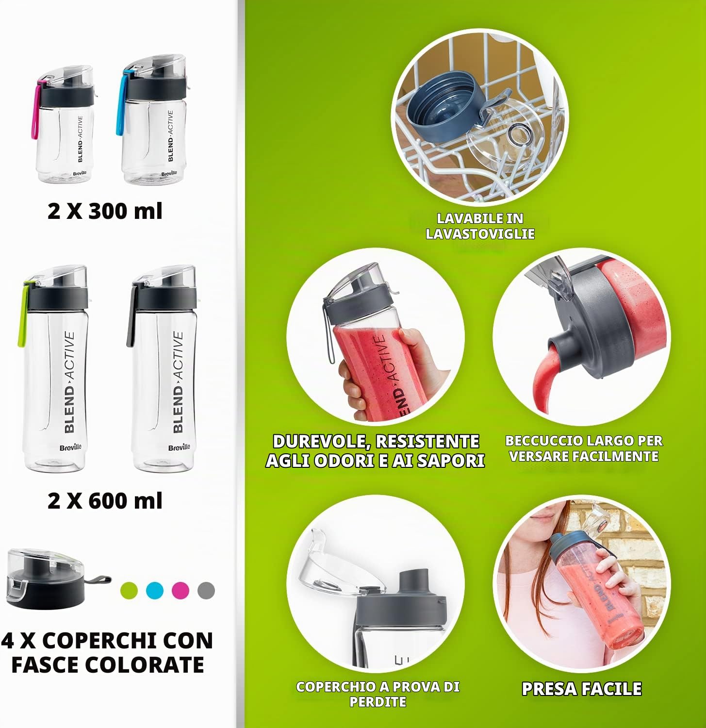 Breville Blend Active Personal Blender & Smoothie Maker | 350 W | Confezione famiglia | 4 flaconi attivi portatili (300 ml | 600 ml) | coperchi a prova di perdite | Bianco e verde [VBL252]